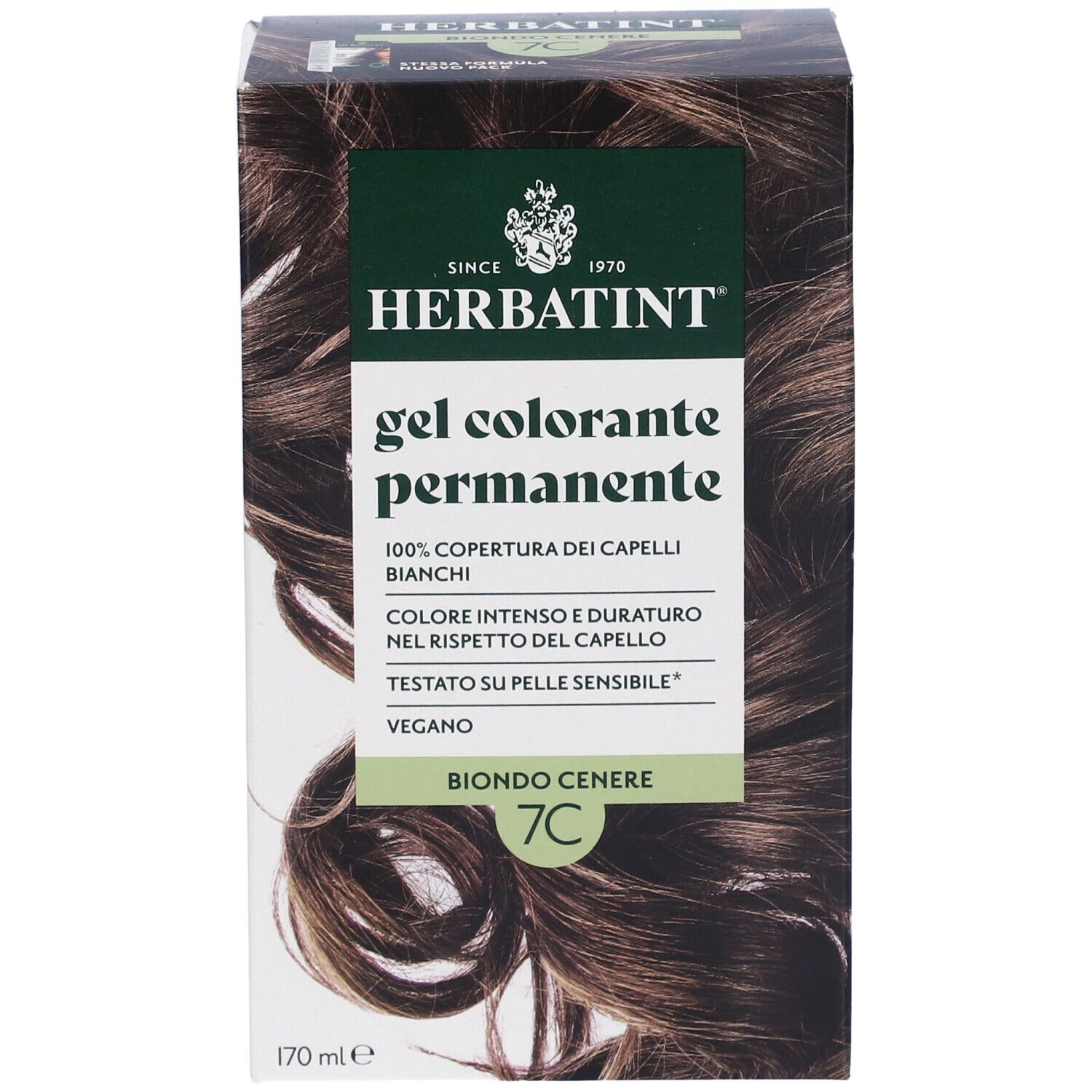 Herbatint Gel Colorante Permanente 7C Biondo Cenere. Confezione con immagine del prodotto e testo. 170 ml.
