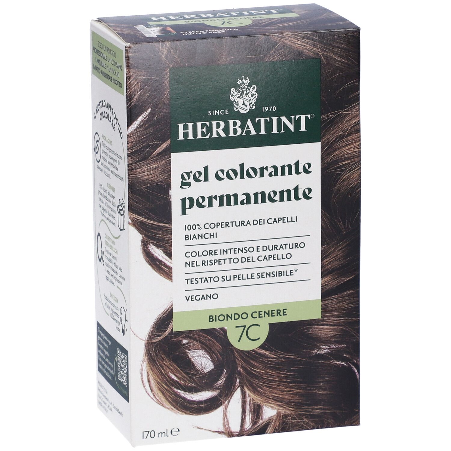 Herbatint Gel Colorante Permanente 7C Biondo Cenere. Confezione con immagine del prodotto e testo. 170 ml.