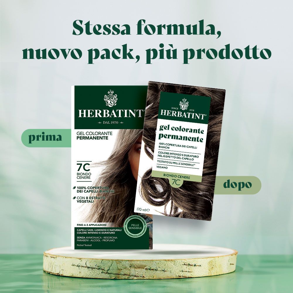 Confronto tra la vecchia e la nuova confezione Herbatint. Entrambe mostrano il prodotto Gel Colorante Permanente 7C Biondo Cenere.