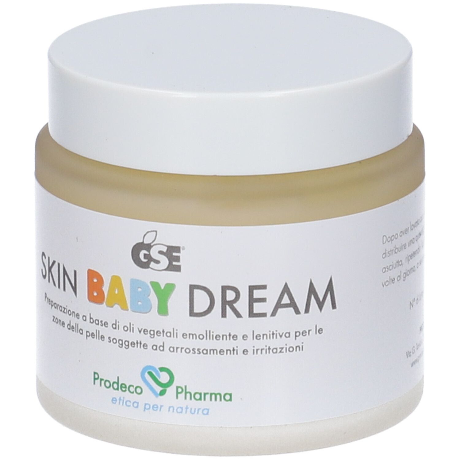 Creme-Glas mit weißem Deckel. Aufschrift SKIN BABY DREAM. Marke GSE und Prodeco Pharma.