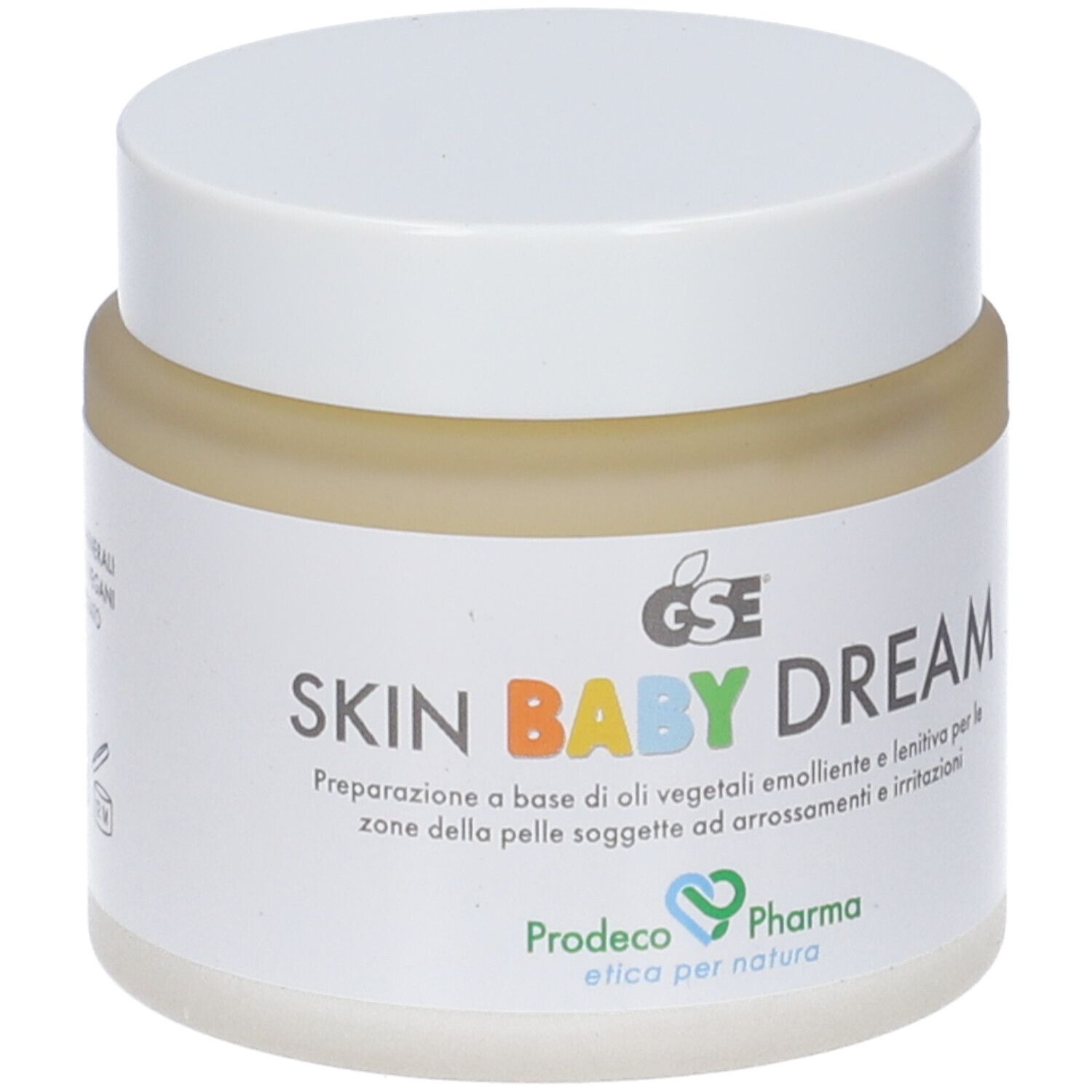 Creme-Glas mit weißem Deckel. Aufschrift SKIN BABY DREAM. Marke GSE und Prodeco Pharma.