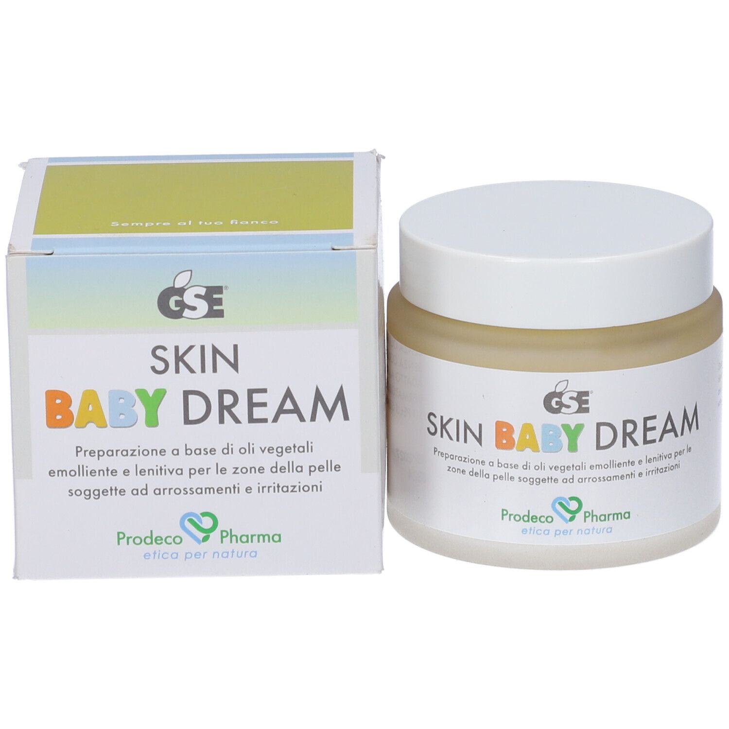 Creme-Glas und Schachtel. Aufschrift SKIN BABY DREAM. Marke GSE und Prodeco Pharma. Text auf Italienisch.
