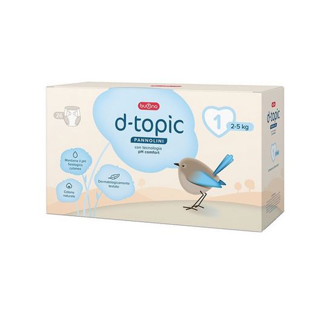 Scatola di pannolini Buona d-topic, taglia 1, 2-5 kg. Confezione da 26. Illustrazione di uccello e dettagli prodotto.