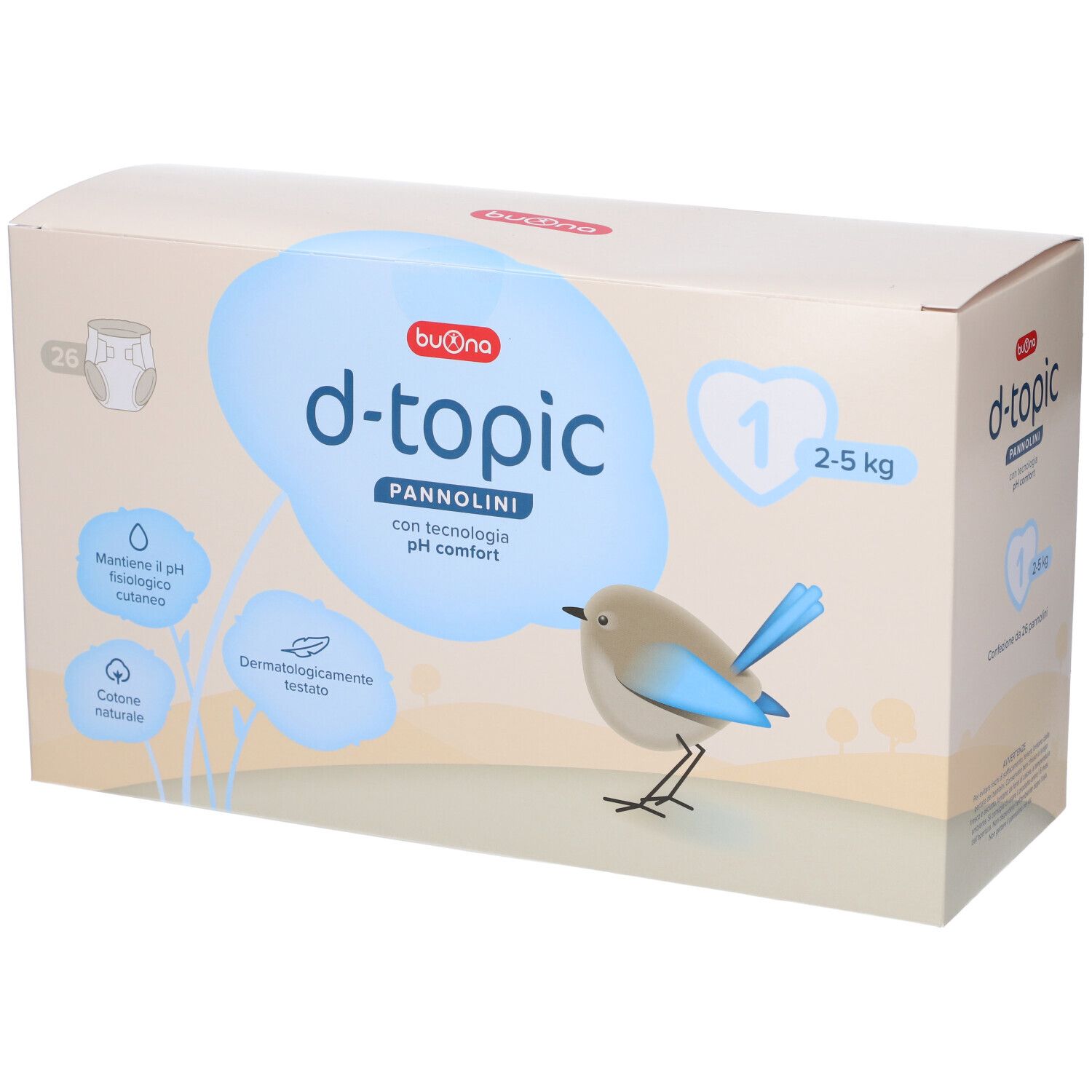 Scatola di pannolini Buona d-topic, taglia 1, 2-5 kg. Confezione da 26. Illustrazione di uccello e dettagli prodotto.