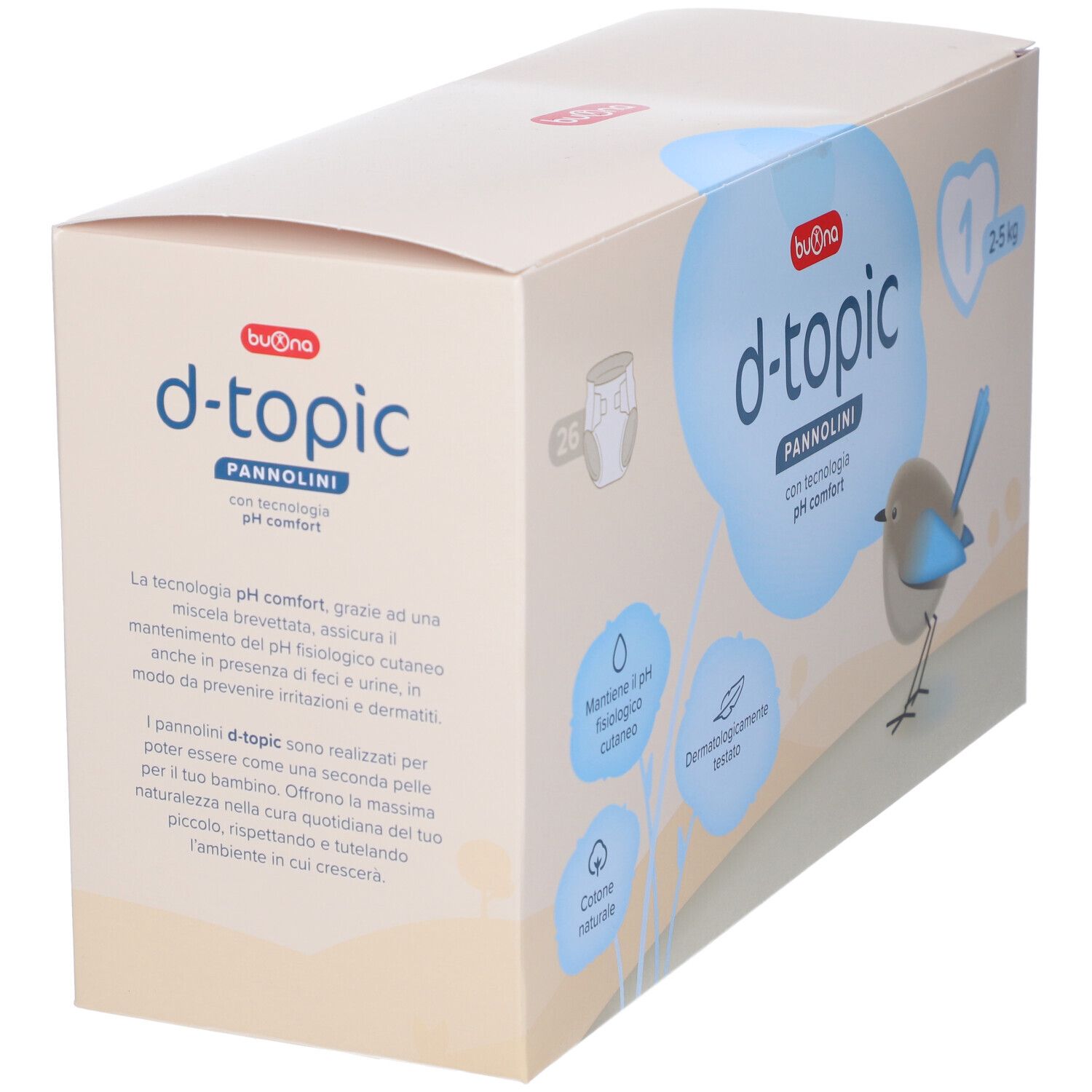 Scatola di pannolini Buona d-topic, taglia 1, 2-5 kg. Confezione da 26. Illustrazione di uccello e dettagli prodotto.