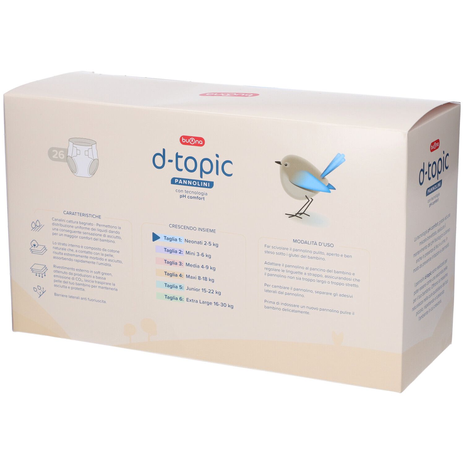 Scatola di pannolini Buona d-topic, taglia 1, 2-5 kg. Confezione da 26. Illustrazione di uccello e dettagli prodotto.