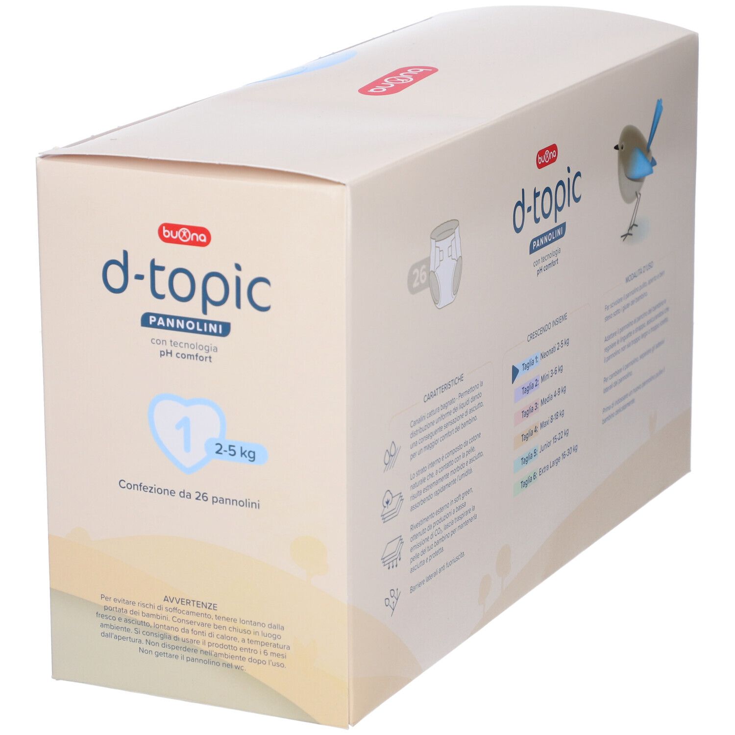 Scatola di pannolini Buona d-topic, taglia 1, 2-5 kg. Confezione da 26. Illustrazione di uccello e dettagli prodotto.
