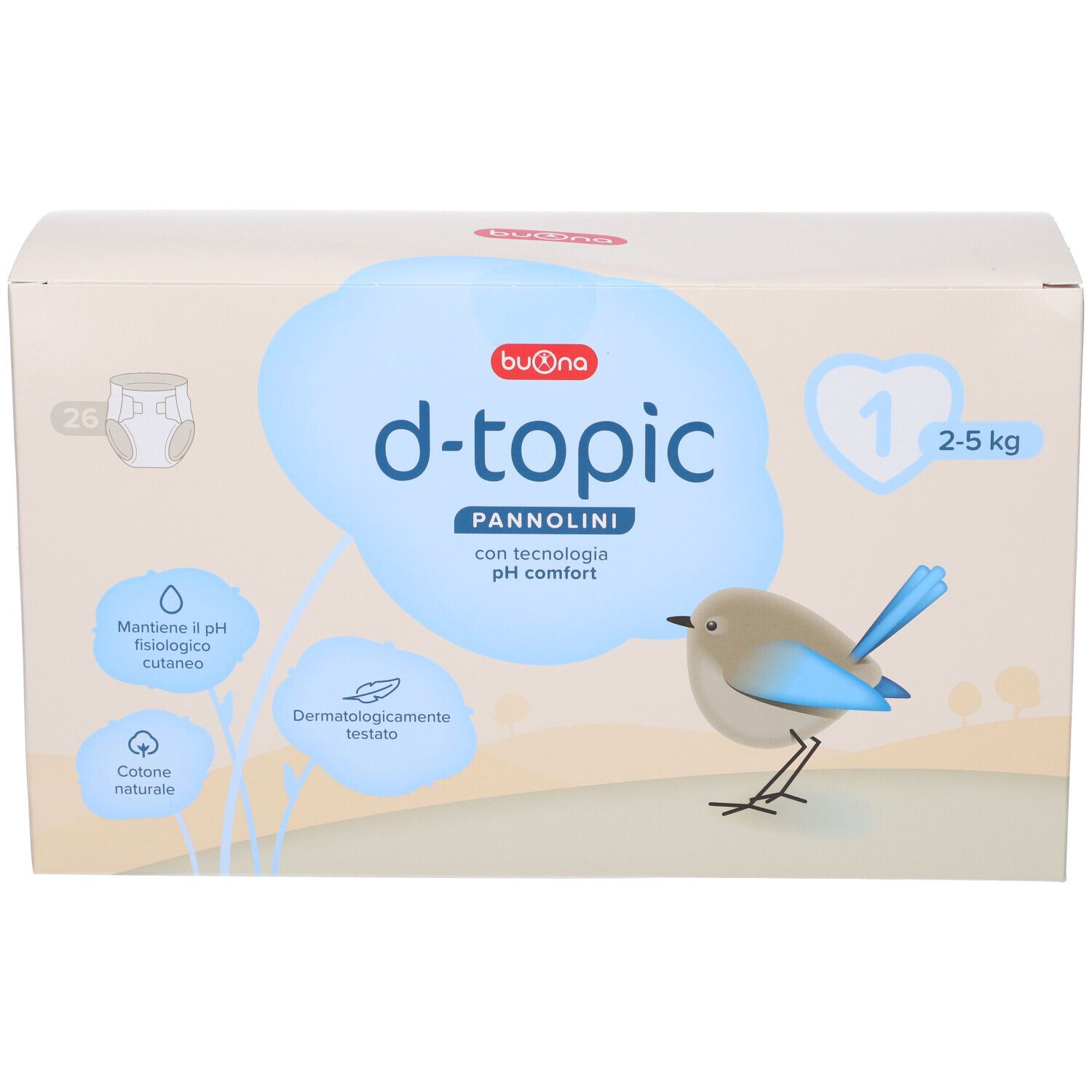 Scatola di pannolini Buona d-topic, taglia 1, 2-5 kg. Confezione da 26. Illustrazione di uccello e dettagli prodotto.