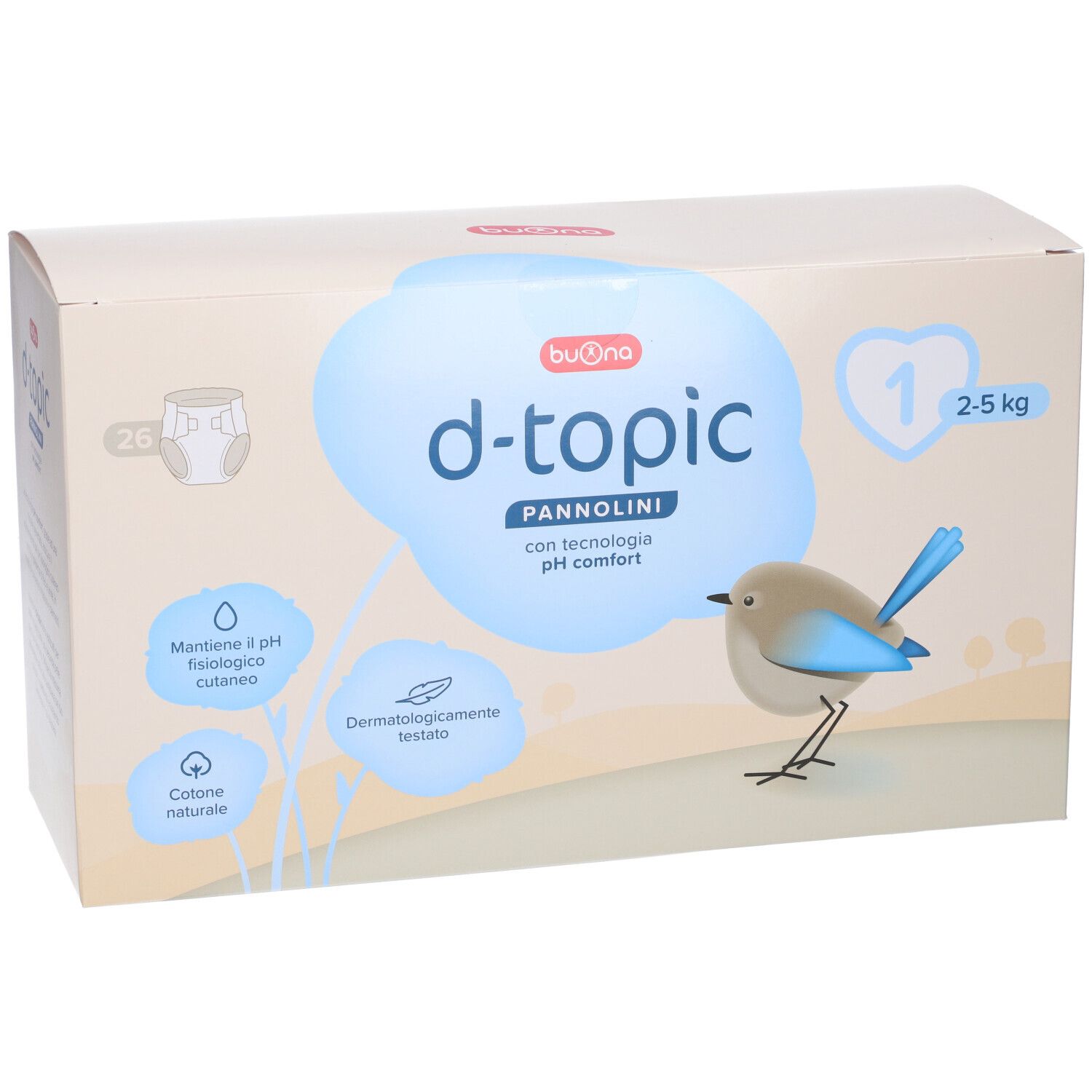 Scatola di pannolini Buona d-topic, taglia 1, 2-5 kg. Confezione da 26. Illustrazione di uccello e dettagli prodotto.