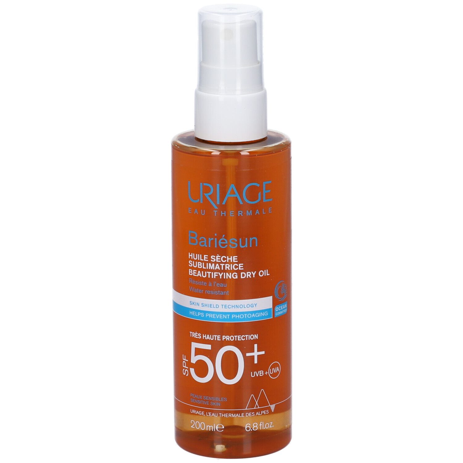 Uriage Bariésun Olio Secco SPF50+. Flacone spray con liquido ambrato. Testo e logo sull'etichetta.