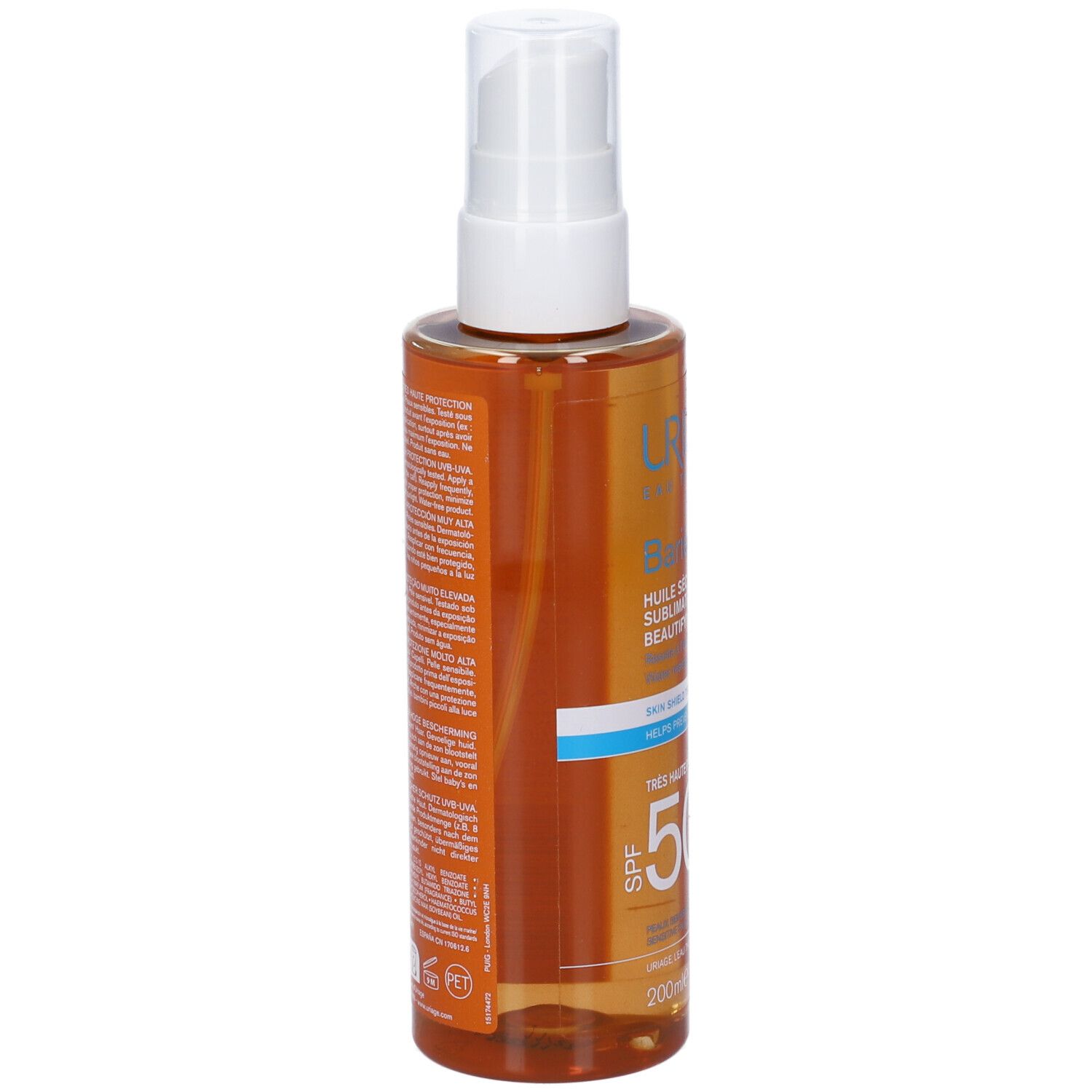 Uriage Bariésun Olio Secco SPF50+. Vista laterale del flacone spray con testo. Flacone trasparente con liquido ambrato.