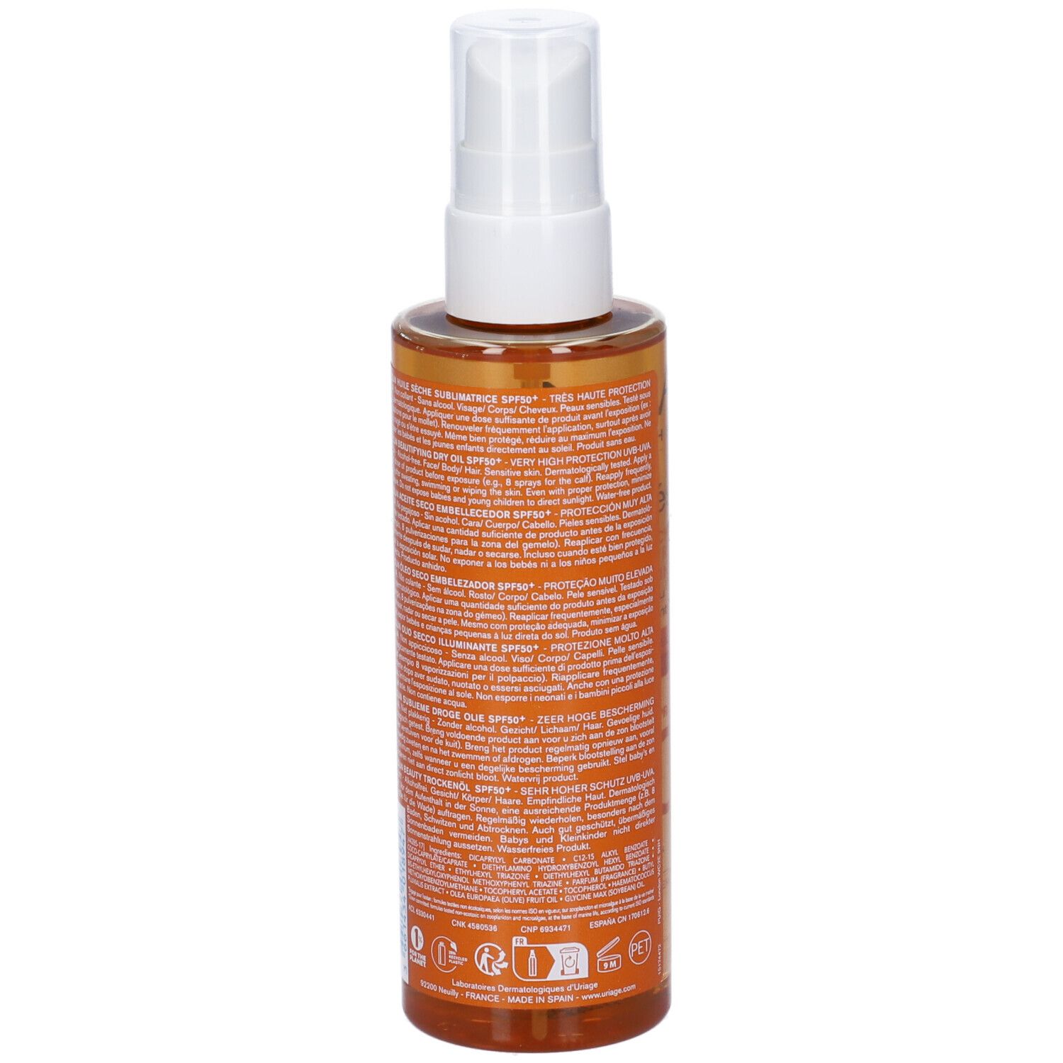 Uriage Bariésun Olio Secco SPF50+. Vista posteriore del flacone spray con testo. Flacone trasparente con liquido ambrato.