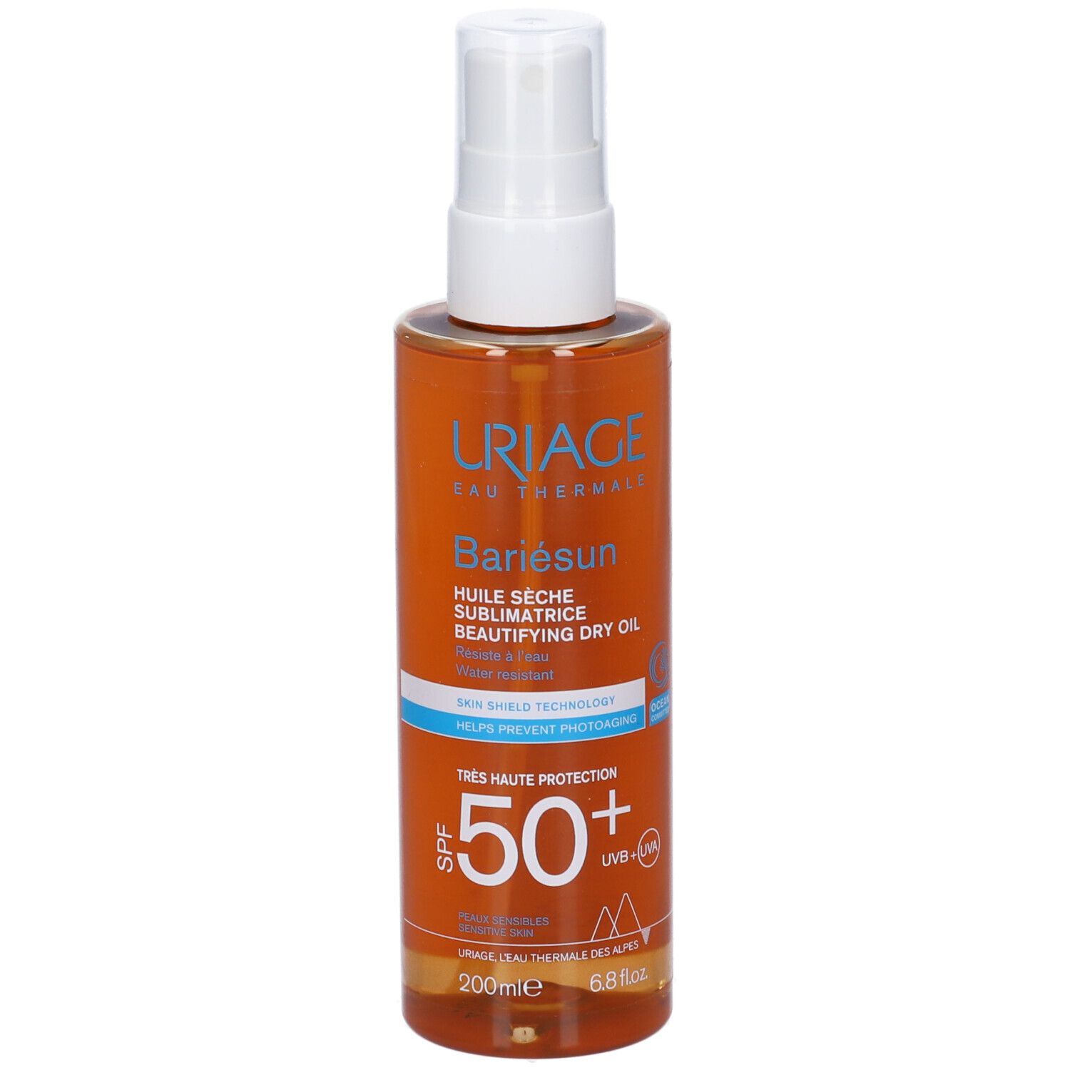 Uriage Bariésun Olio Secco SPF50+. Flacone spray con liquido ambrato. Testo e logo sull'etichetta.