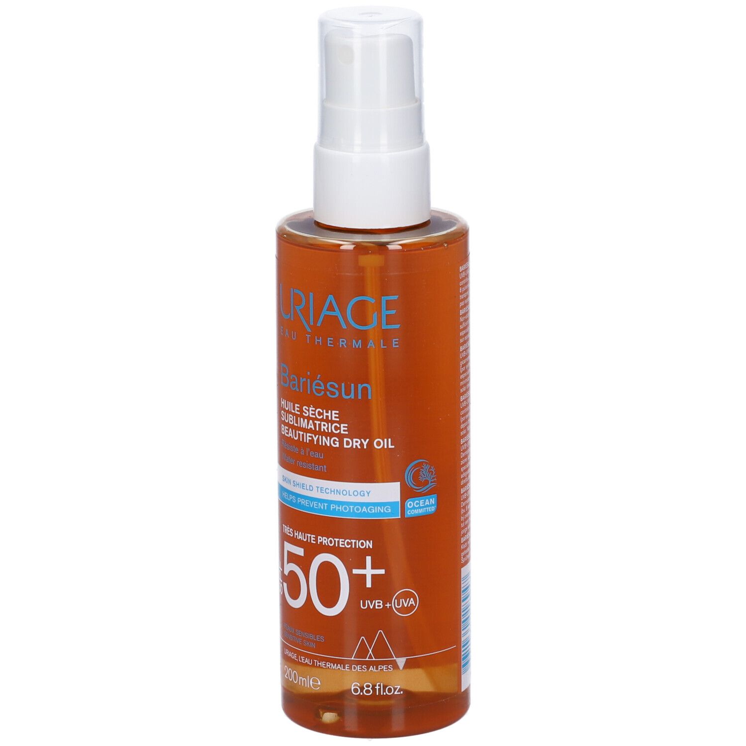 Uriage Bariésun Olio Secco SPF50+. Flacone spray con liquido ambrato. Testo e logo sull'etichetta.