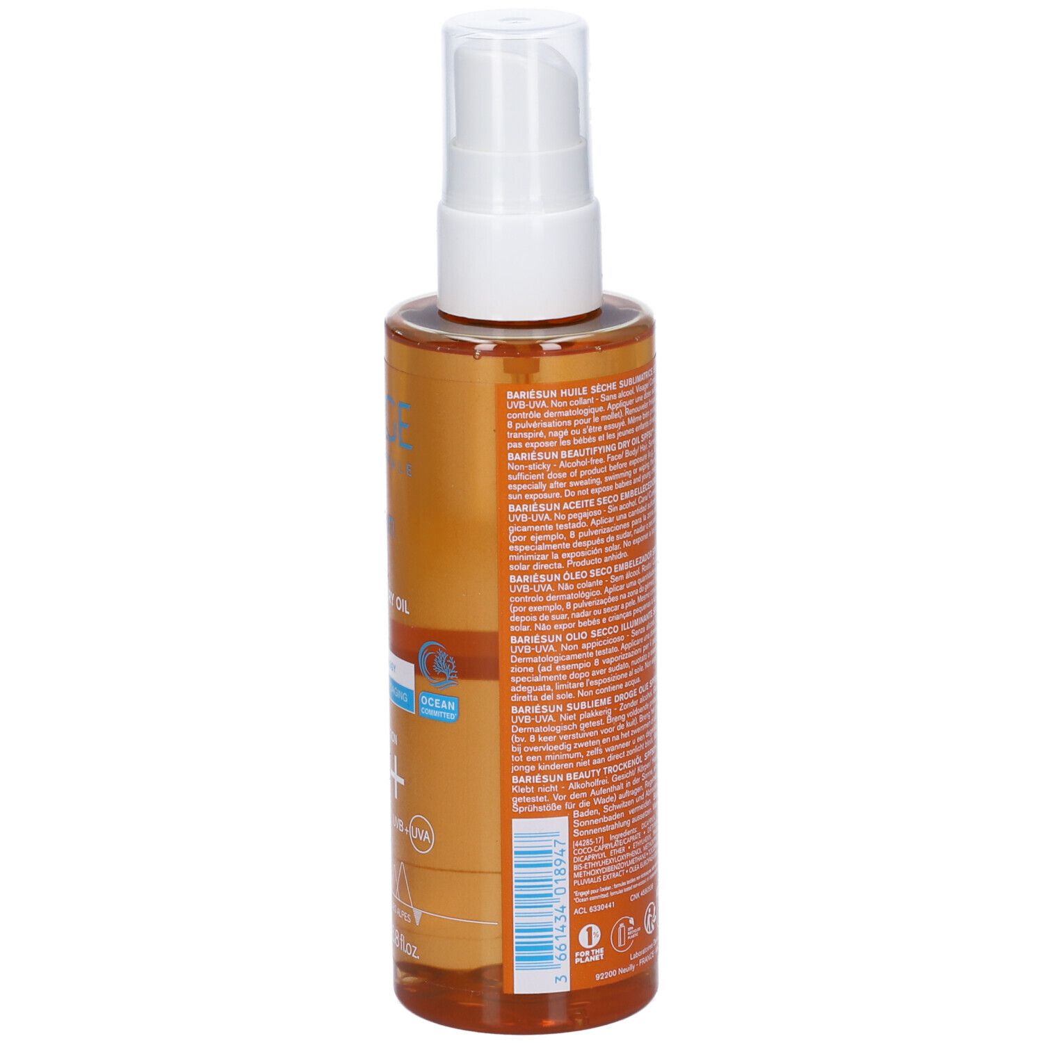 Uriage Bariésun Olio Secco SPF50+. Vista posteriore del flacone spray con testo. Flacone trasparente con liquido ambrato.