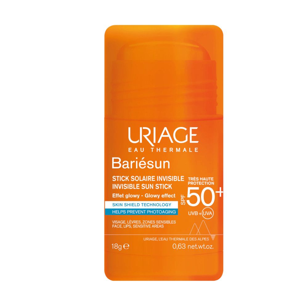 Stick solare arancione. Scritta: Uriage, Bariésun, Invisible Sun Stick SPF 50+. Per viso, labbra, zone sensibili.