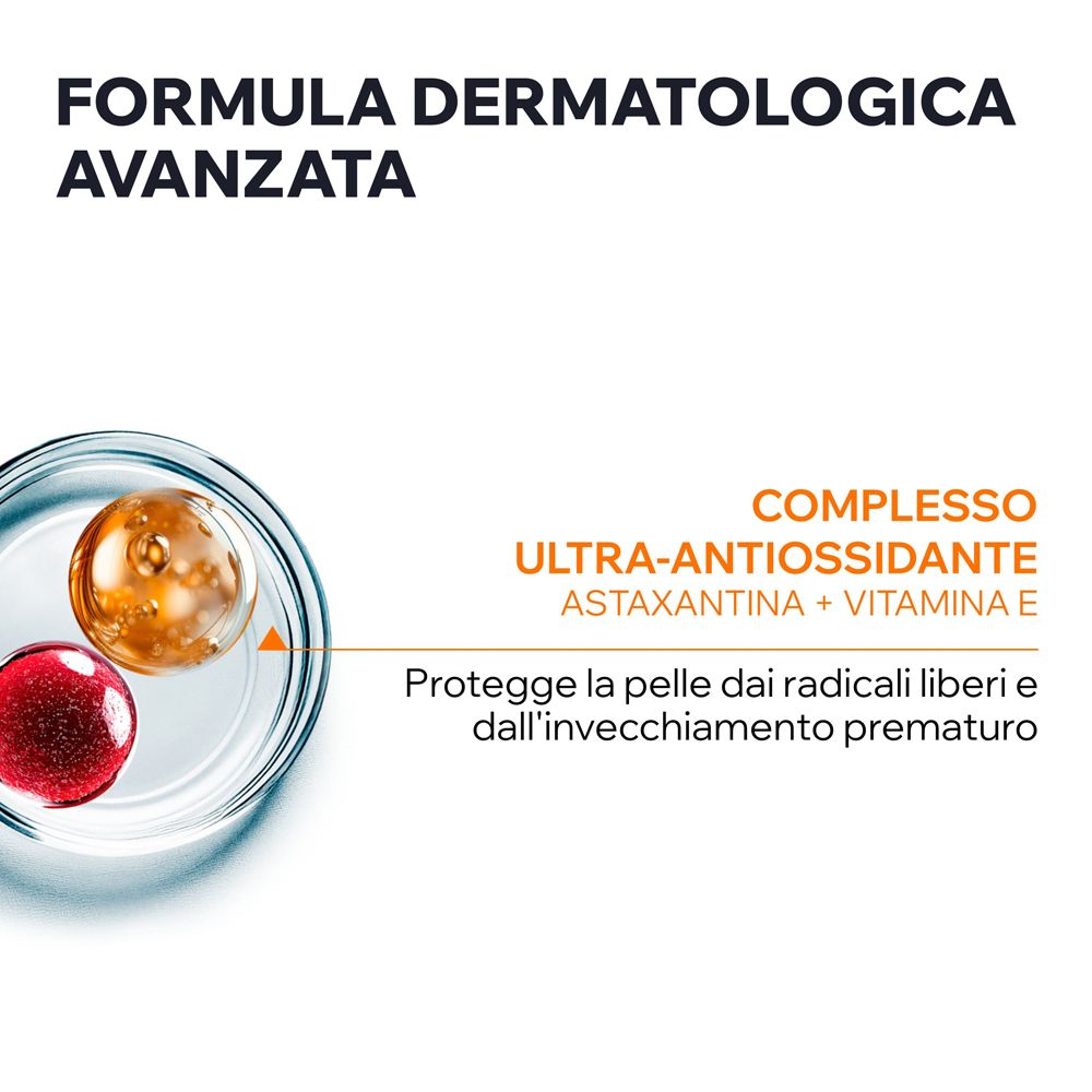 Primo piano ingredienti. Complesso Ultra-antiossidante: Astaxantina + Vitamina E. Protegge dai radicali liberi.