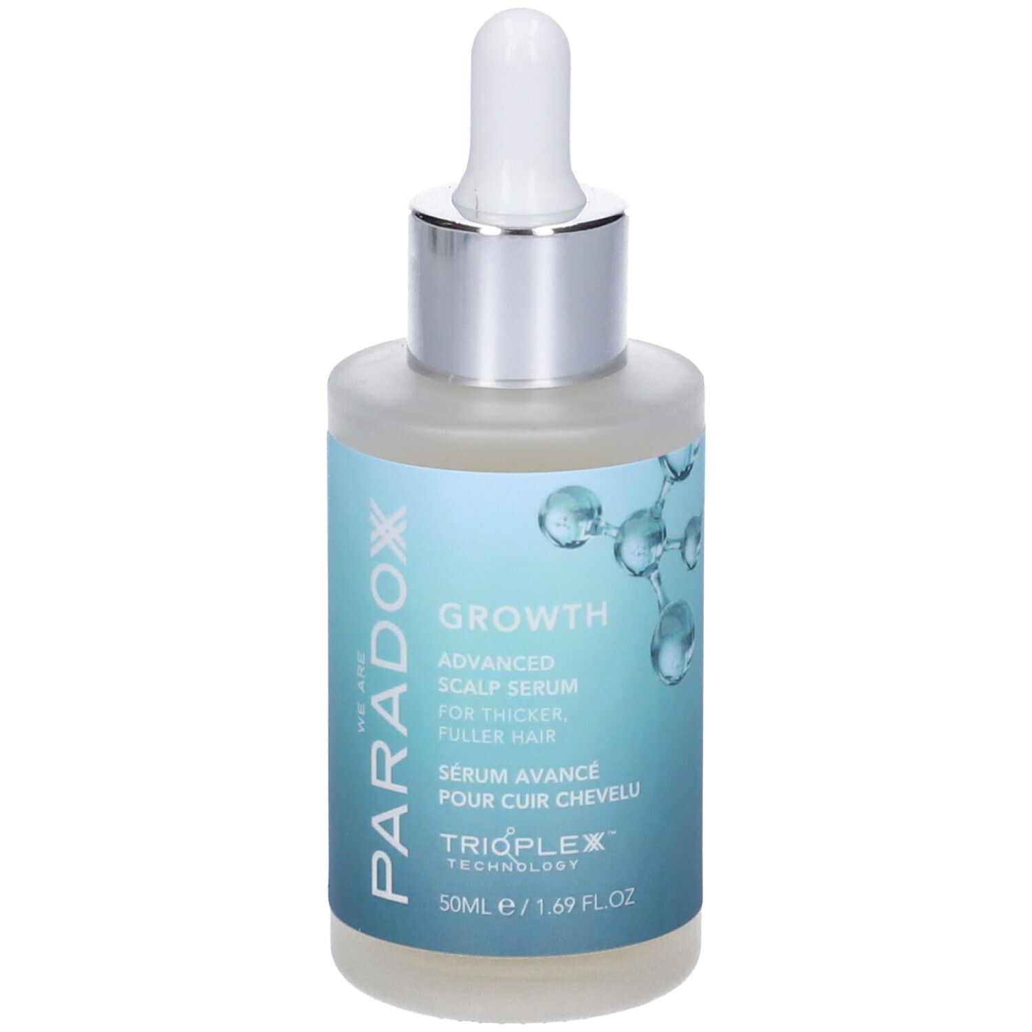 Siero trasparente in flacone di vetro con pipetta. Scritta: Growth Advanced Scalp Serum. Marchio: Paradox.