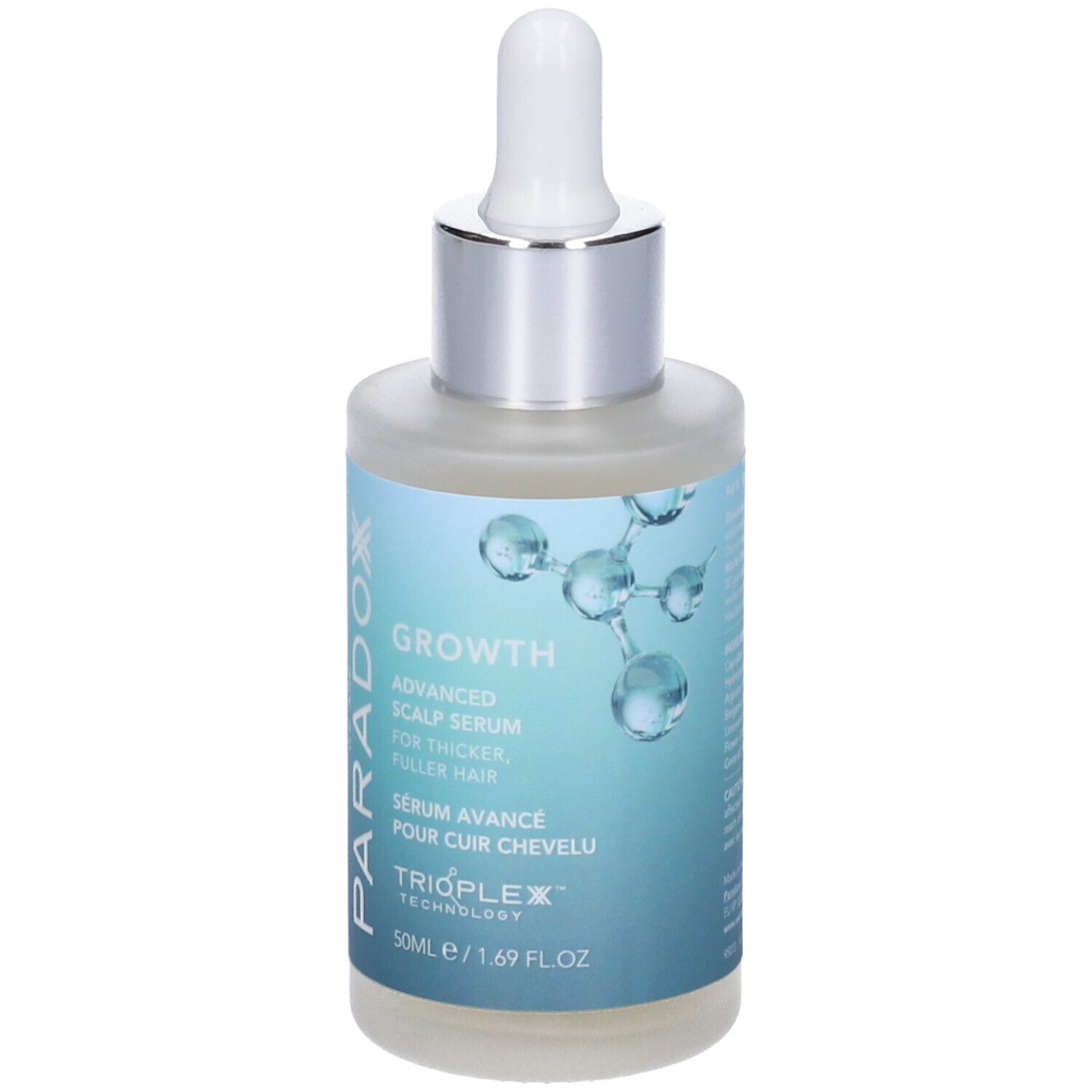 Siero trasparente in flacone di vetro con pipetta. Scritta: Growth Advanced Scalp Serum. Marchio: Paradox.