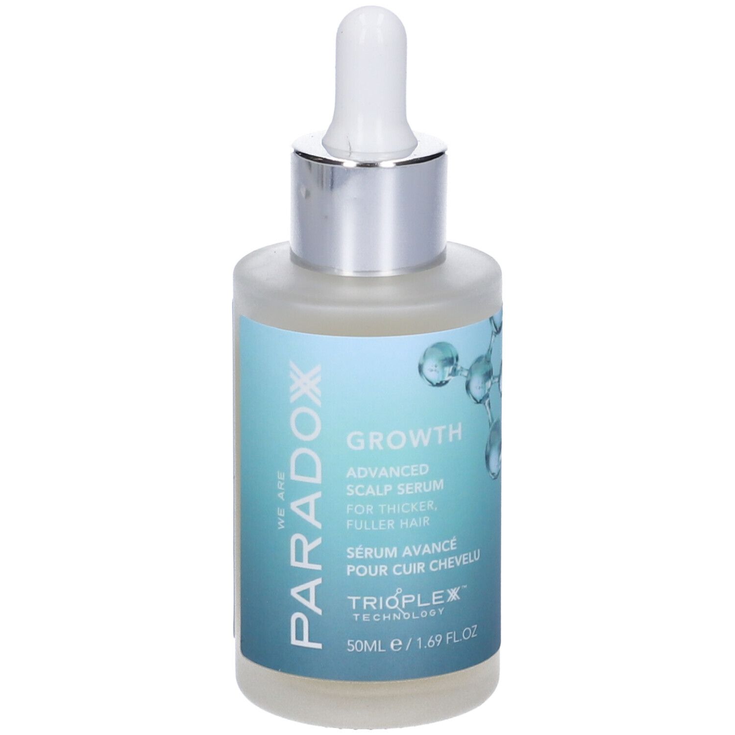 Siero trasparente in flacone di vetro con pipetta. Scritta: Growth Advanced Scalp Serum. Marchio: Paradox.