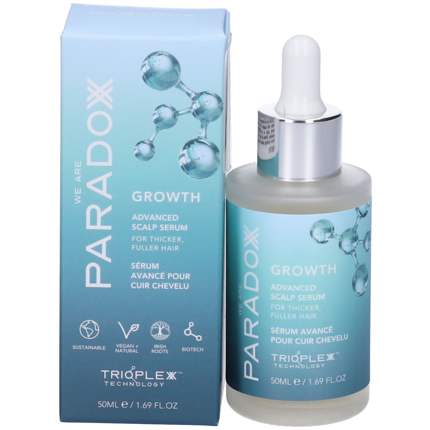 Flacone di siero e confezione. Scritta: Growth Advanced Scalp Serum. Marchio: Paradox. Confezione con loghi.