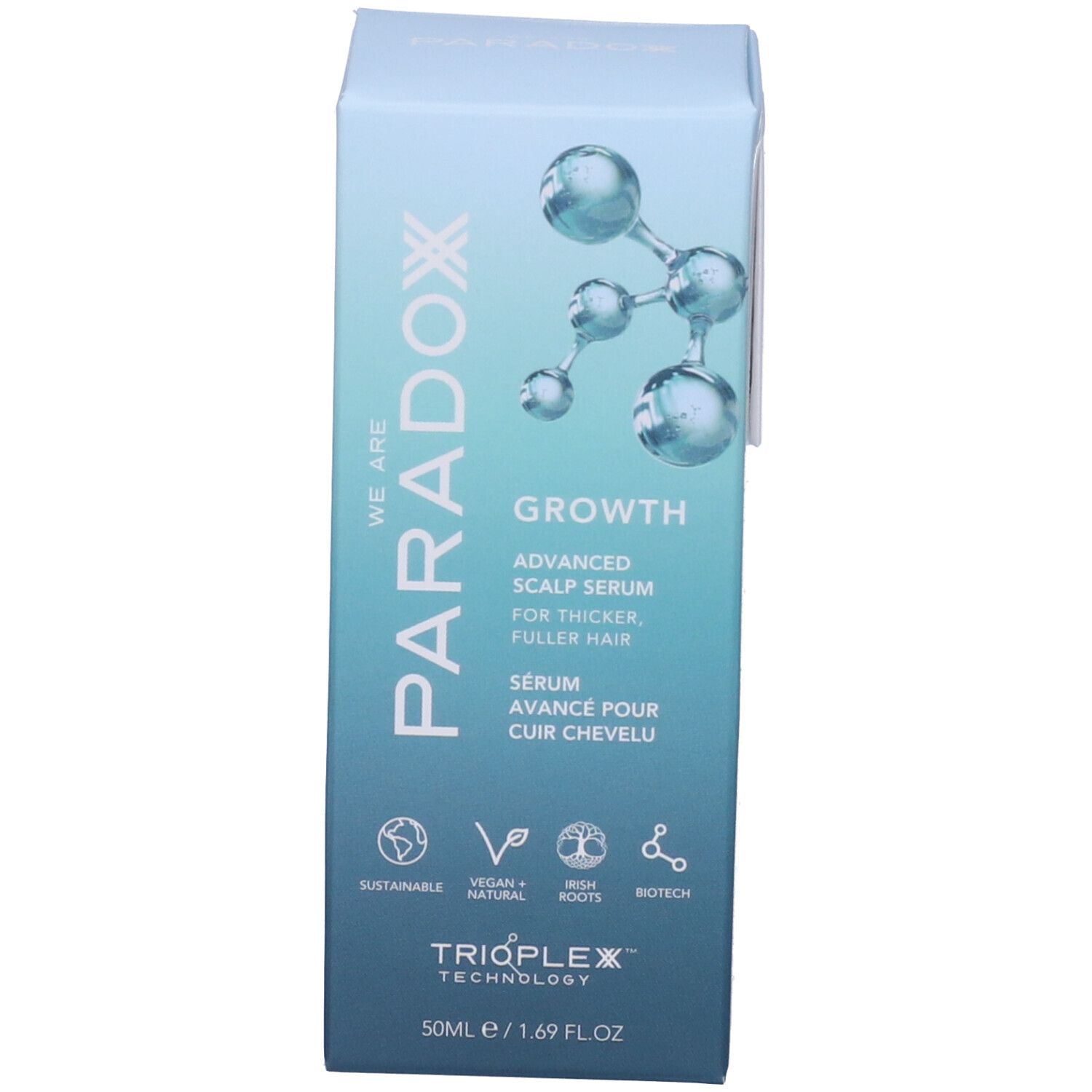 Confezione per siero. Scritta: Growth Advanced Scalp Serum. Marchio: Paradox. Loghi di sostenibilità.