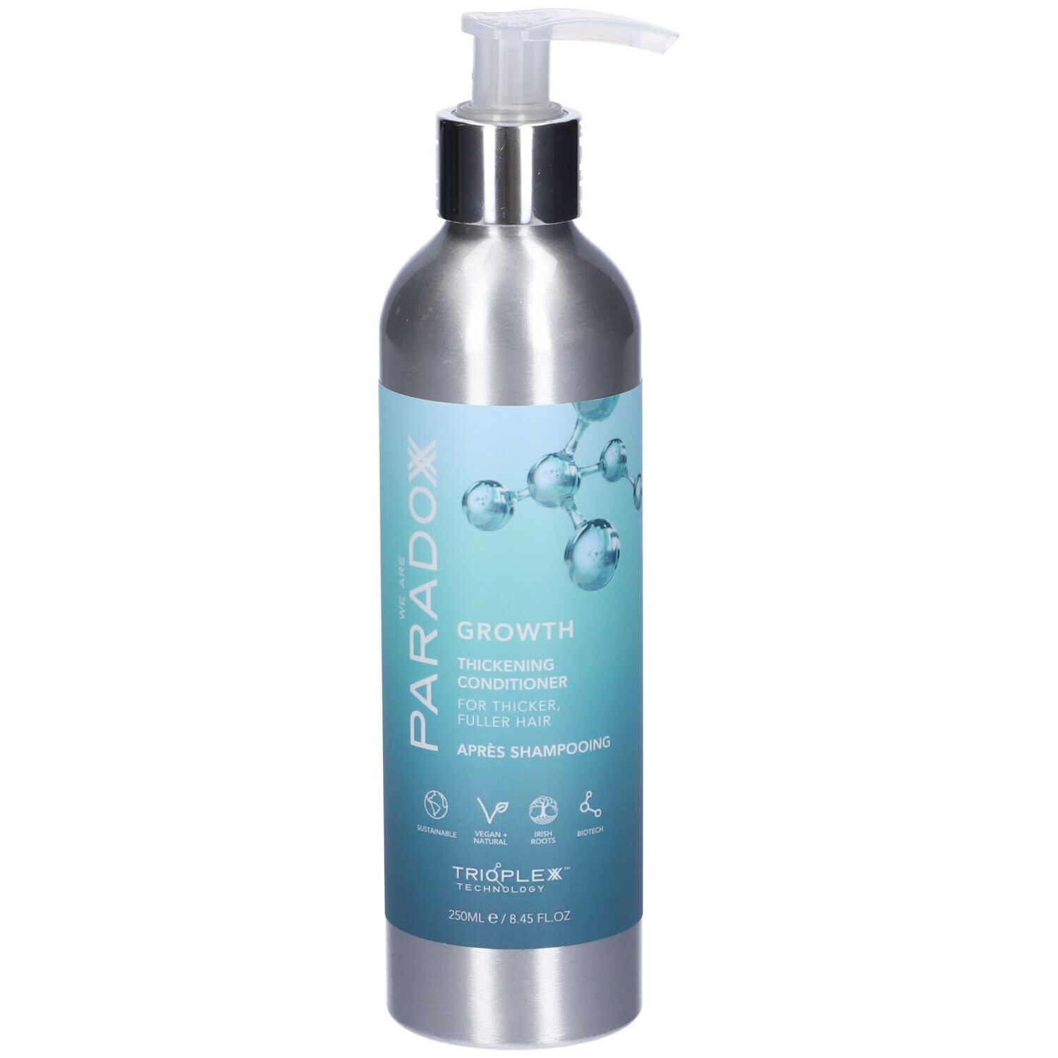 Flacone metallico con dosatore. Etichetta "Paradox Growth Thickening Conditioner".