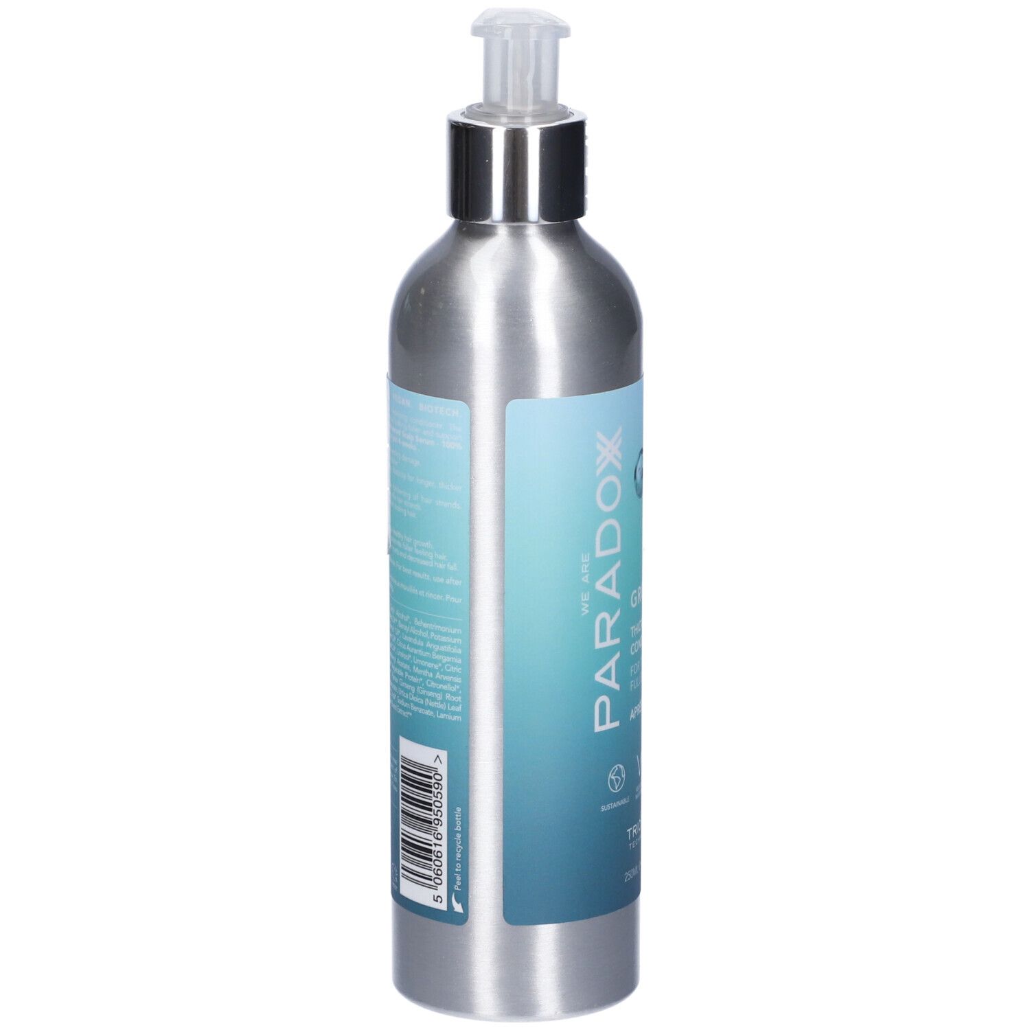 Flacone cilindrico metallico con dosatore. Etichetta con testo e codice a barre.
