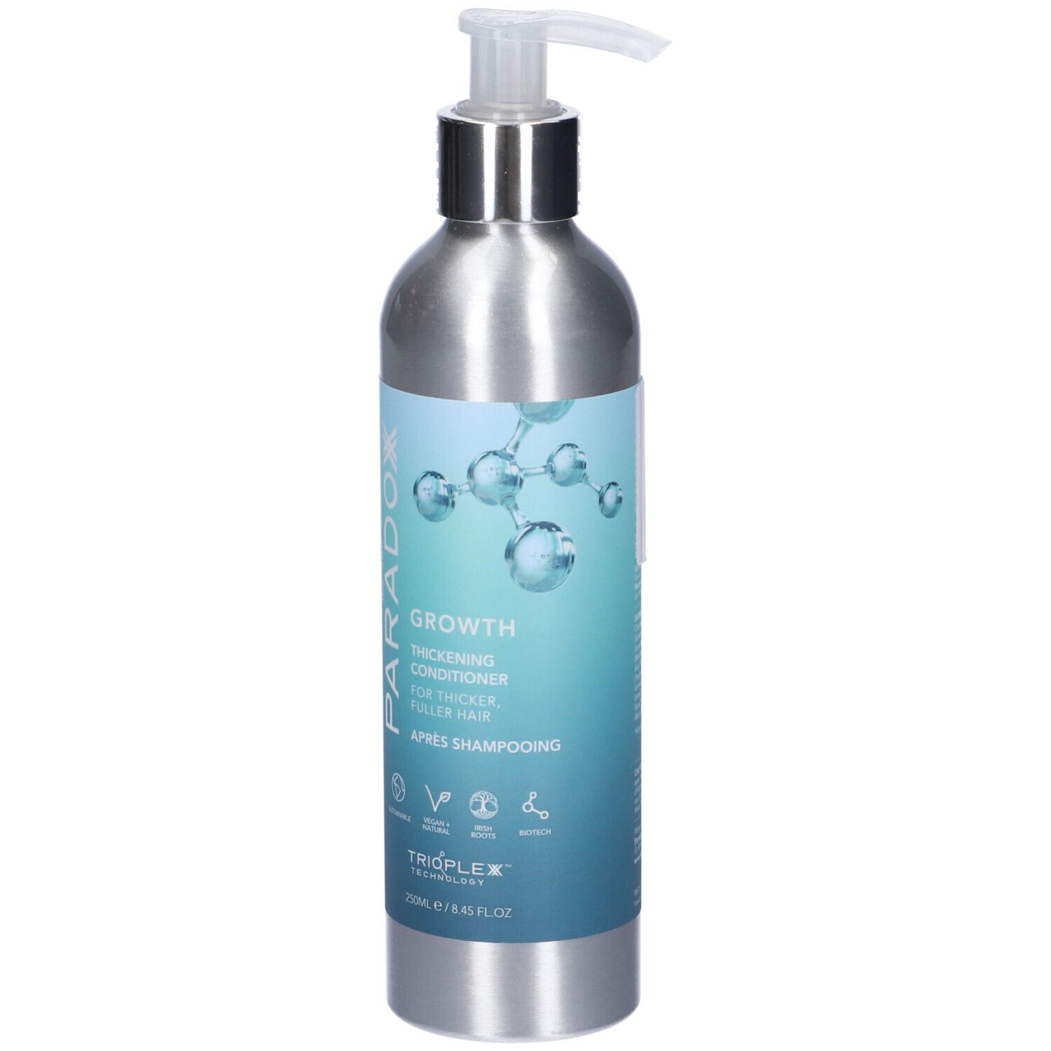 Flacone metallico con dosatore. Etichetta "Paradox Growth Thickening Conditioner".