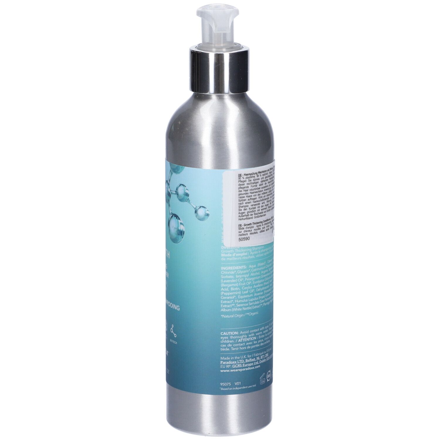 Retro di un flacone metallico con dosatore. Etichetta con testo e codice a barre.
