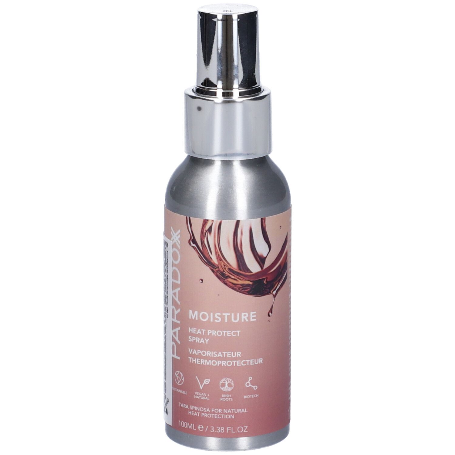 Spray protettivo termico in flacone argentato. Scritta: Moisture Heat Protect Spray. Sigillo vegano.