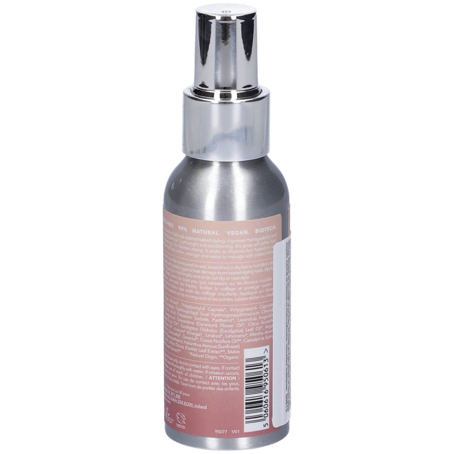 Retro del flacone spray. Testo con ingredienti e avvertenze. Sigillo vegano.