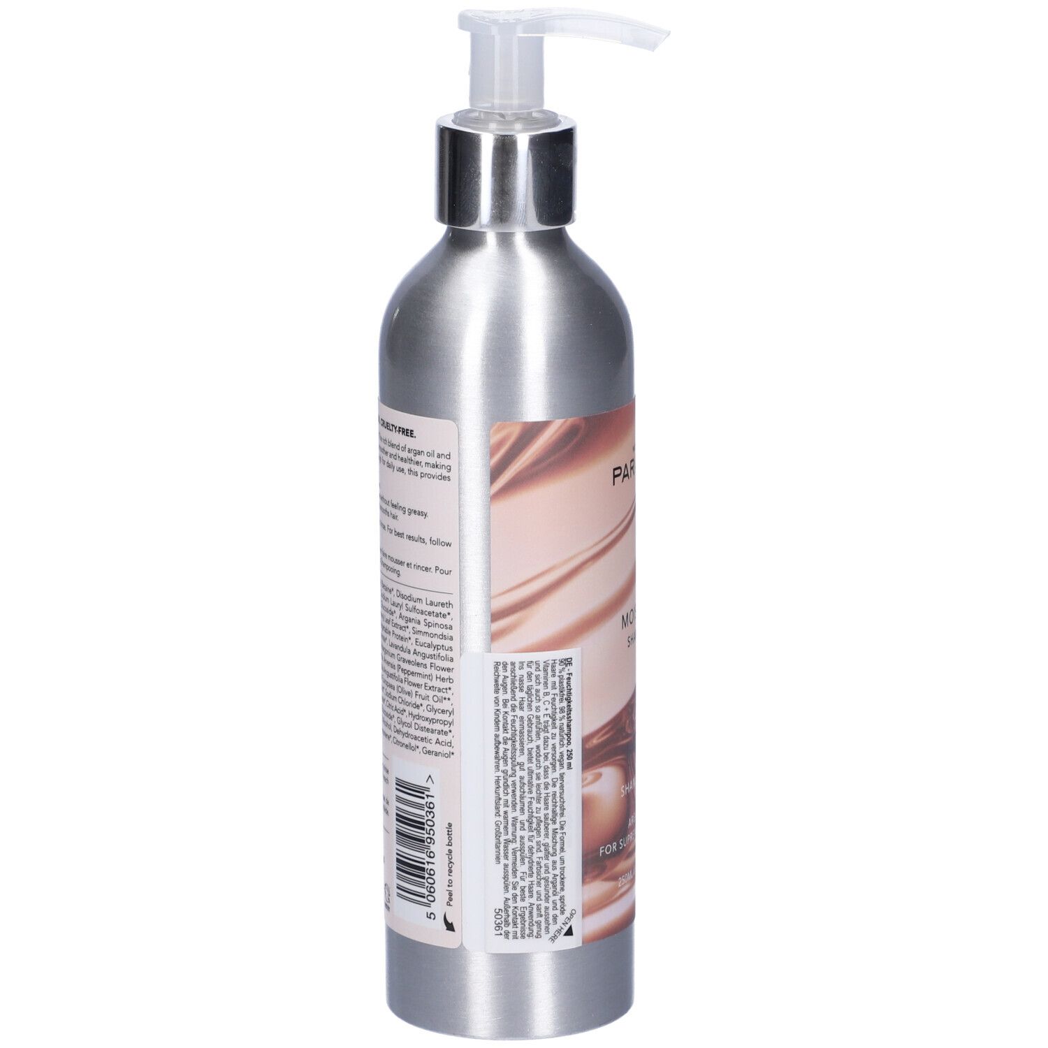 Retro del flacone. Testo con ingredienti e informazioni. Flacone argento con dosatore.