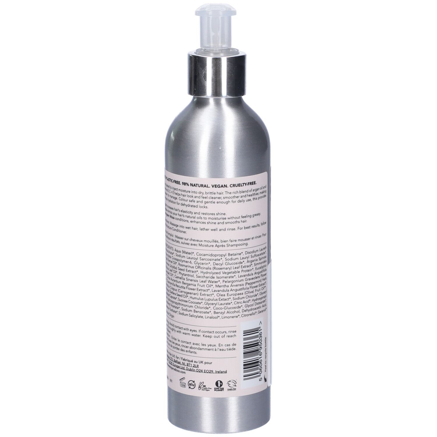 Retro del flacone. Testo con ingredienti e informazioni. Flacone argento con dosatore.