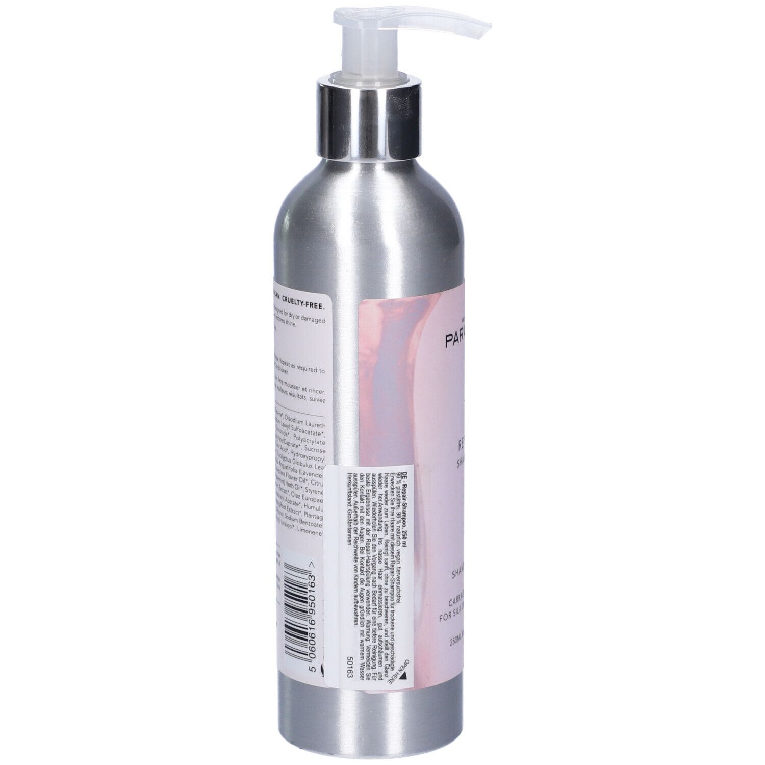 Flacone shampoo argento con dosatore. Etichetta con testo e codice a barre.