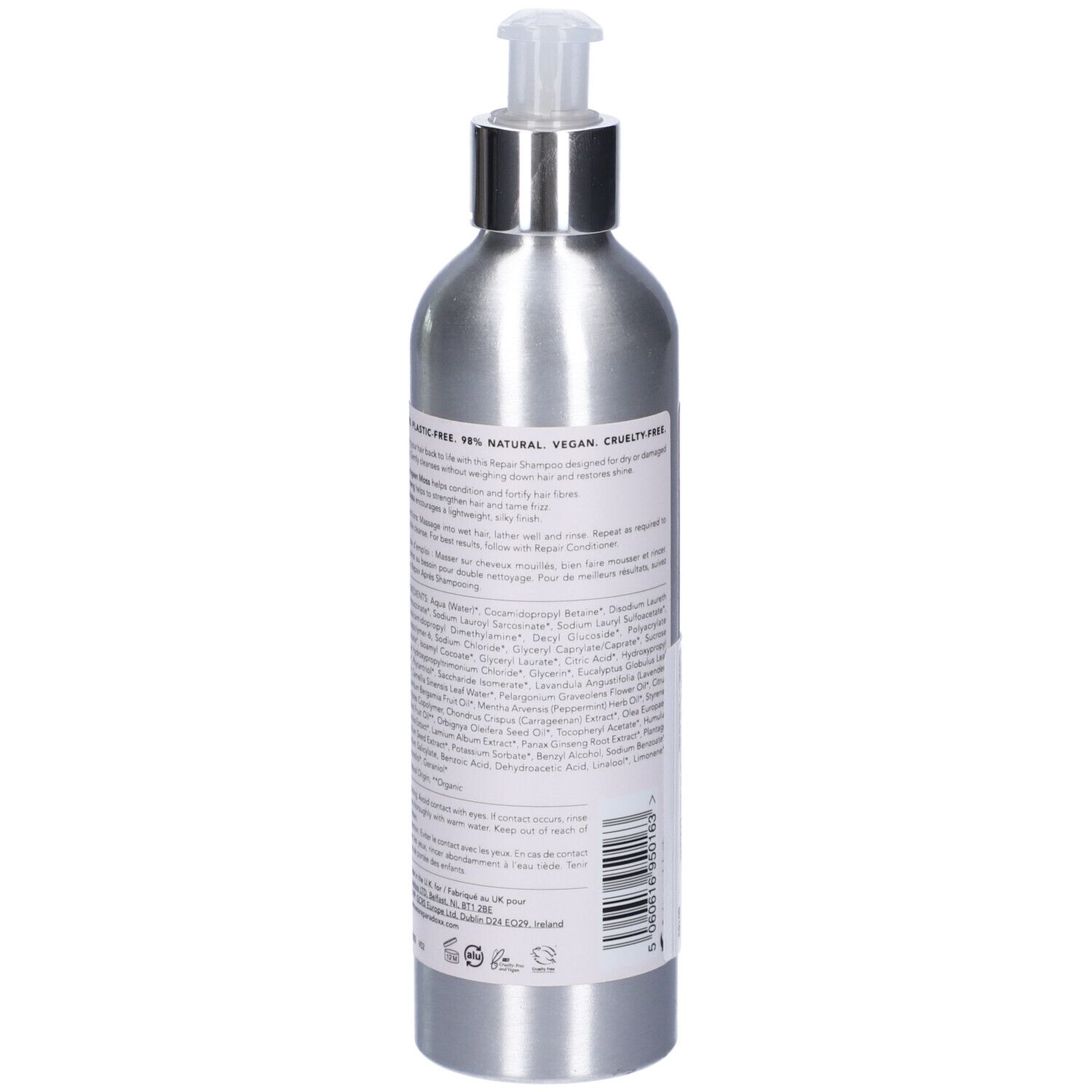 Retro del flacone shampoo. Testo con ingredienti e informazioni.