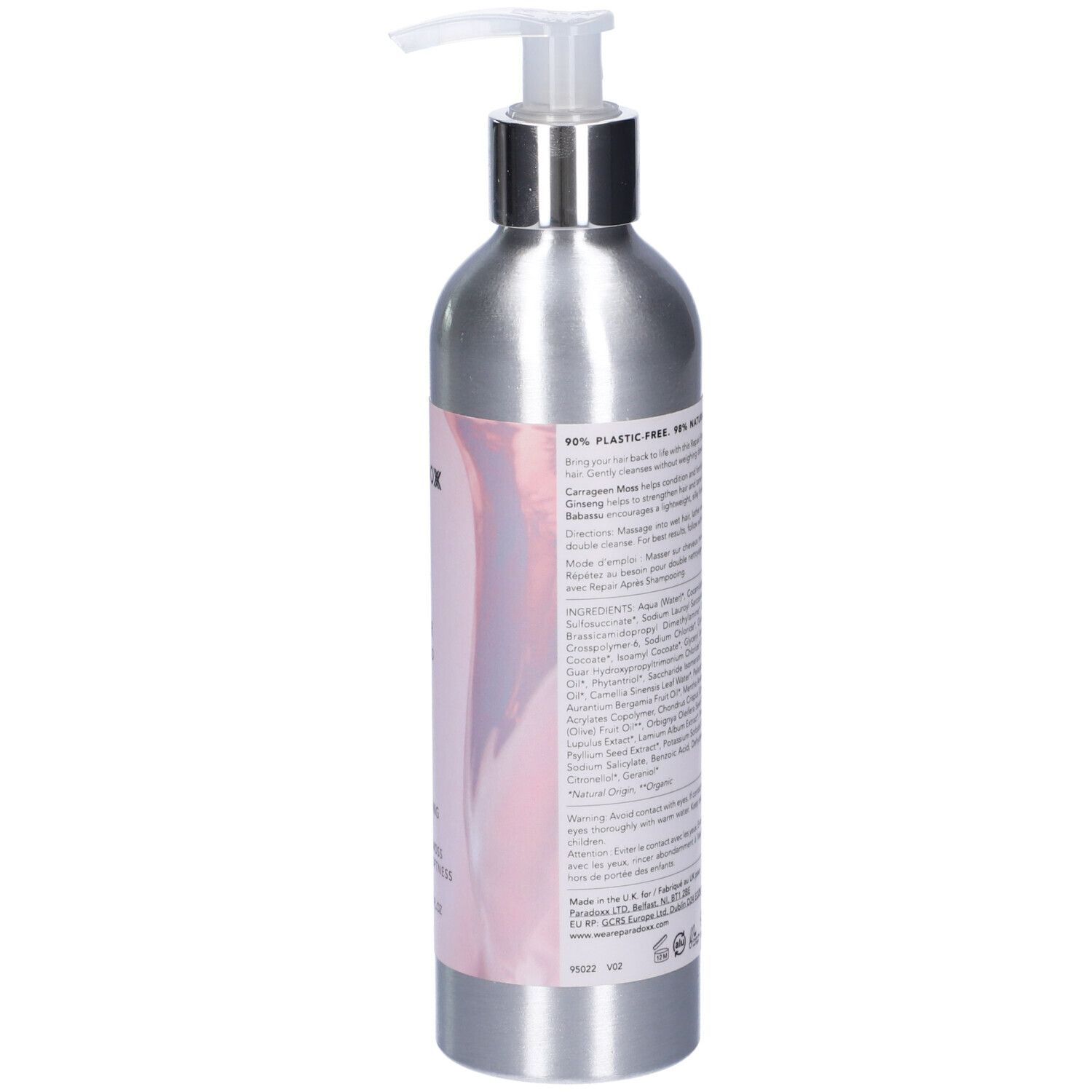 Retro del flacone shampoo. Testo con ingredienti e informazioni.