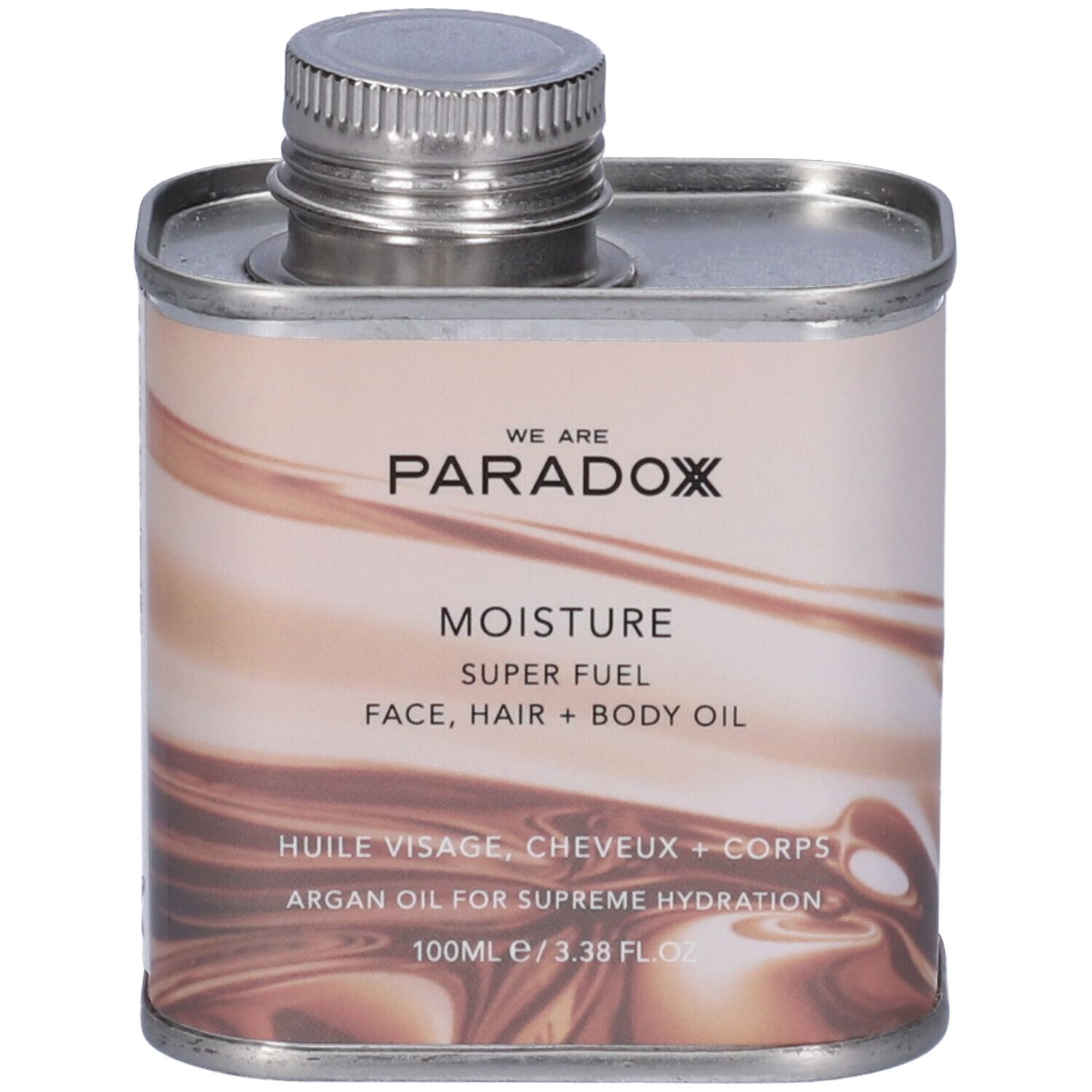 Contenitore metallico con tappo a vite. Scritta: We Are Paradox, Moisture Super Fuel, Face, Hair + Body Oil.