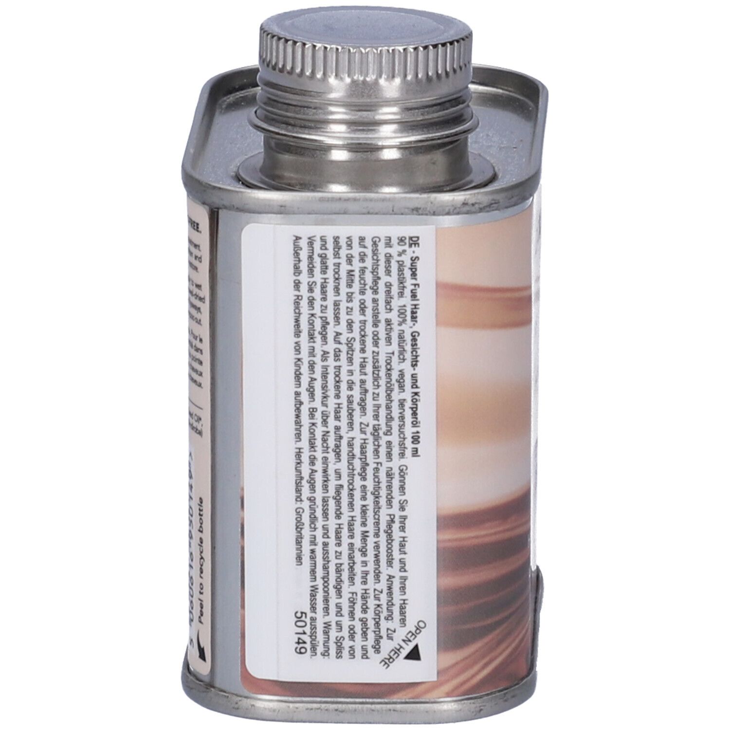 Vista laterale del contenitore metallico. Testo in tedesco: Super Fuel Haar, Gesicht & Körperöl. 100ml. Vegan.