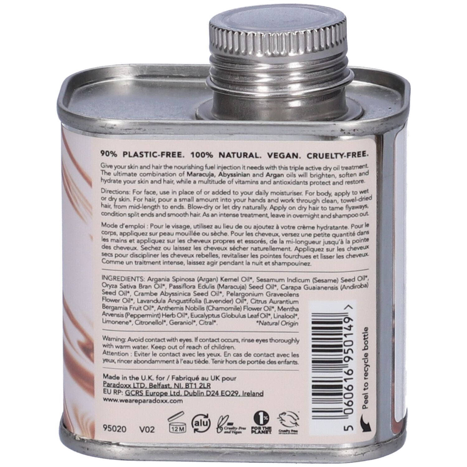 Retro del contenitore. Testo: 90% senza plastica, 100% naturale, vegano. Ingredienti. Logo di riciclaggio.