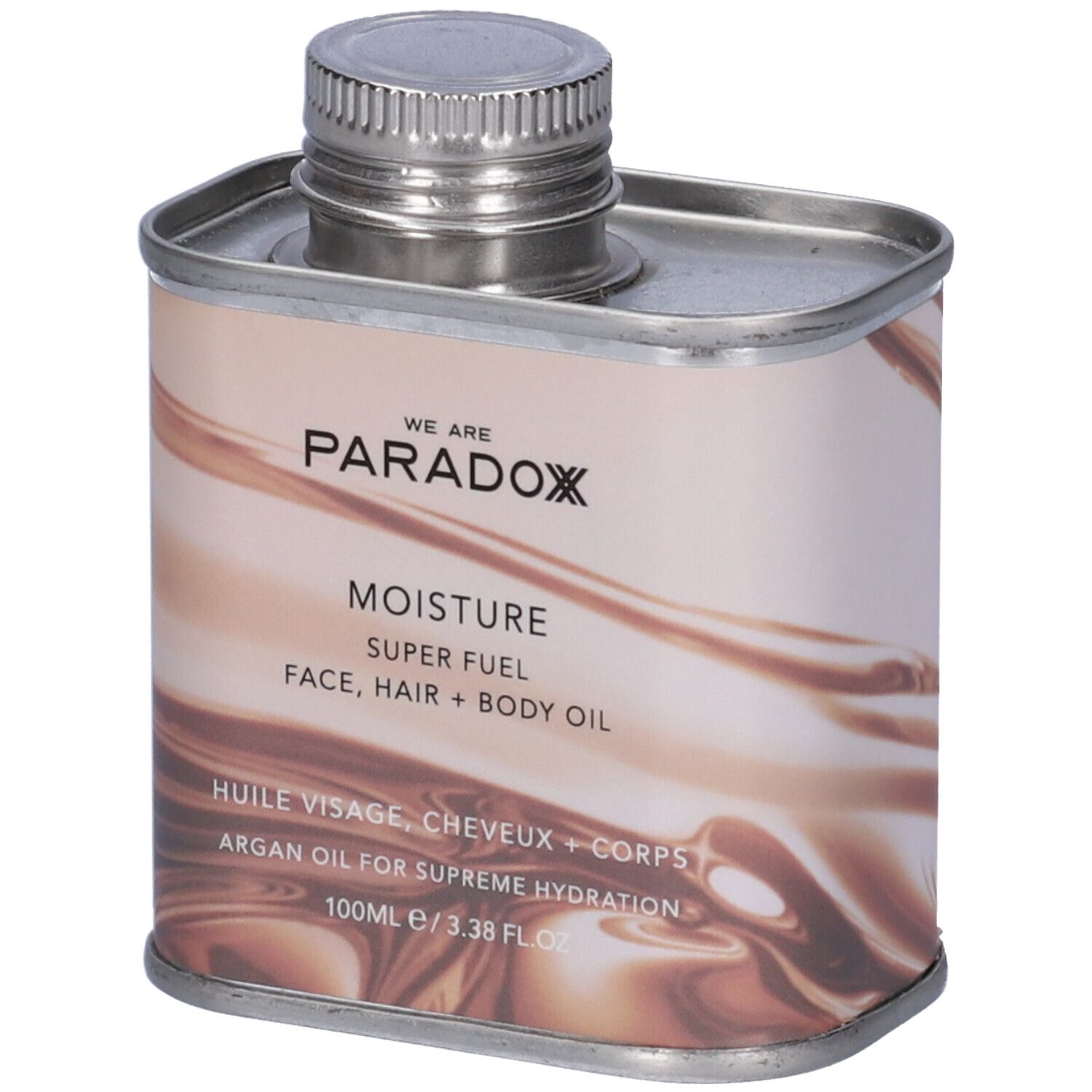 Contenitore metallico con tappo a vite. Scritta: We Are Paradox, Moisture Super Fuel, Face, Hair + Body Oil.