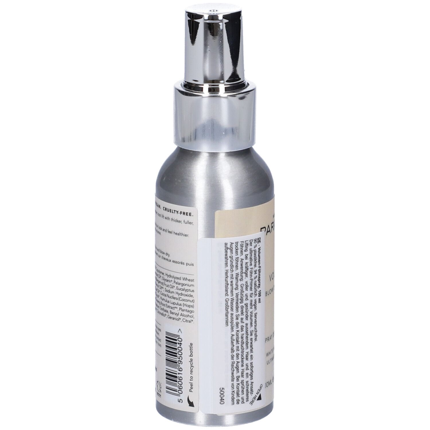 Retro del flacone spray argento. Testo: Cruelty-free, ingredienti, informazioni produttore, codice a barre. Scritta: PARADOX, VOLUME, BLOW DRY SPRAY.