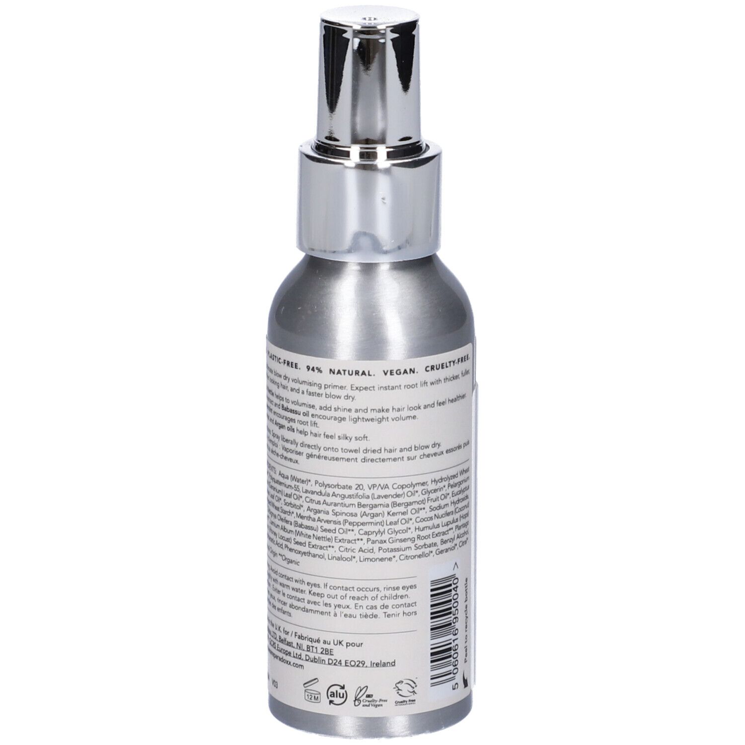 Retro del flacone spray argento. Testo: 96% Naturale, Vegano, Cruelty-free, ingredienti, informazioni produttore. Scritta: PARADOX, VOLUME, BLOW DRY SPRAY.