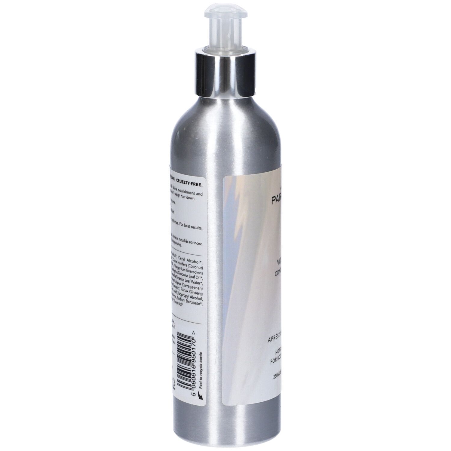 Flacone argento con dosatore. Etichetta con ingredienti e codice a barre. "We Are Paradox Volume Conditioner".