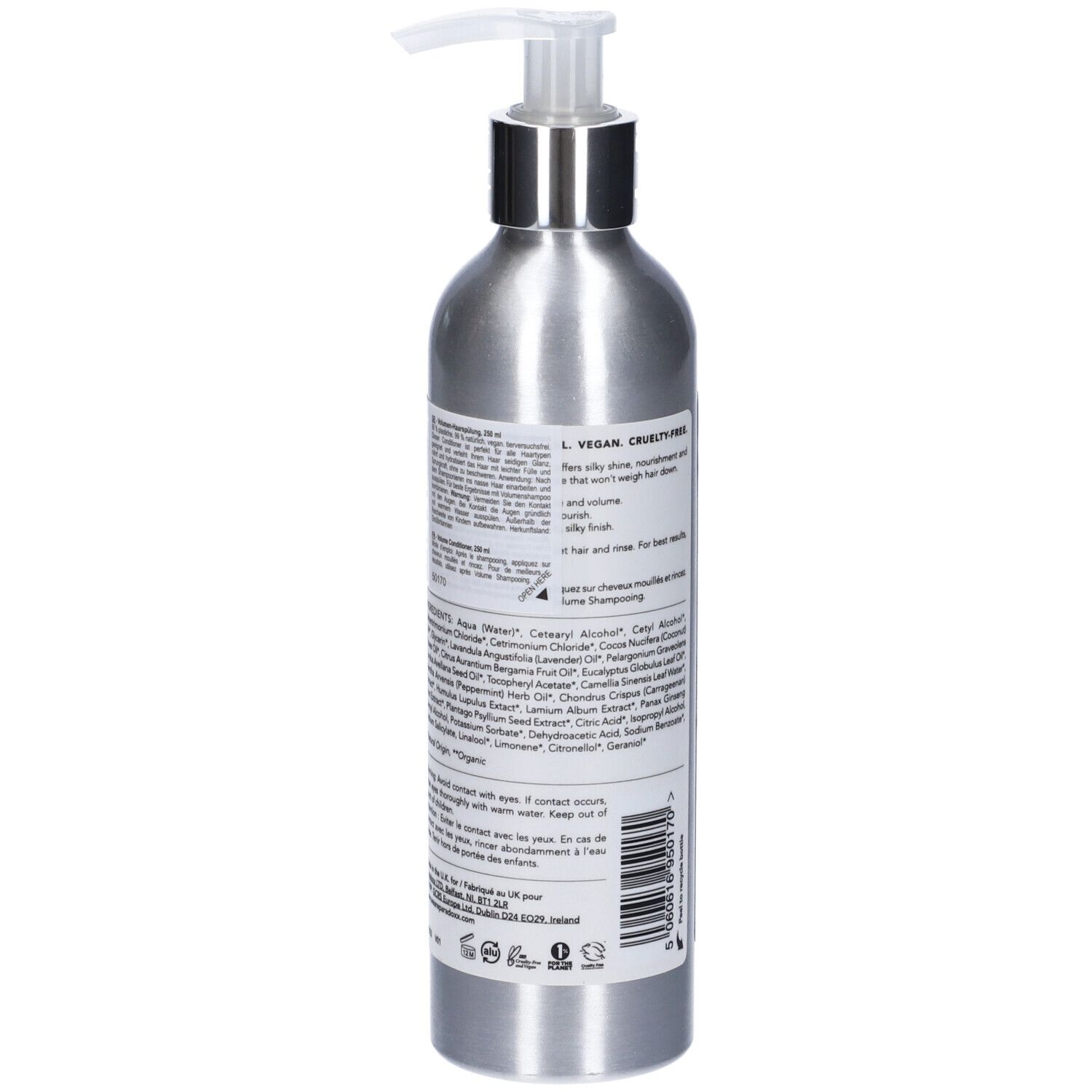 Flacone argento con dosatore. Etichetta con ingredienti e testo. "We Are Paradox Volume Conditioner".