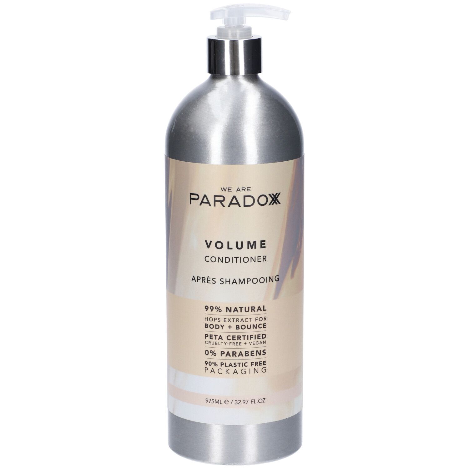 Flacone argento con dosatore. Scritta: We Are Paradox, Volume Conditioner. Certificazione PETA.