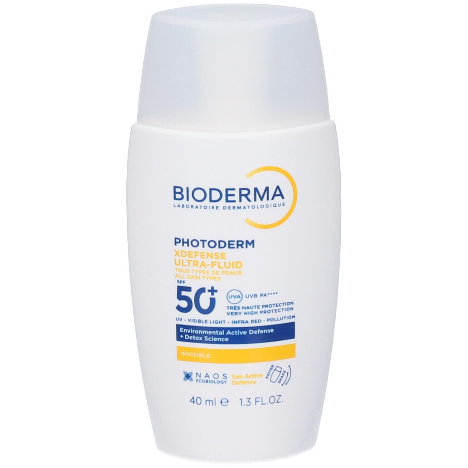 Flacone bianco con tappo trasparente. Scritte: BIODERMA, PHOTODERM XDEFENSE ULTRA-FLUID SPF50+. 40 ml.
