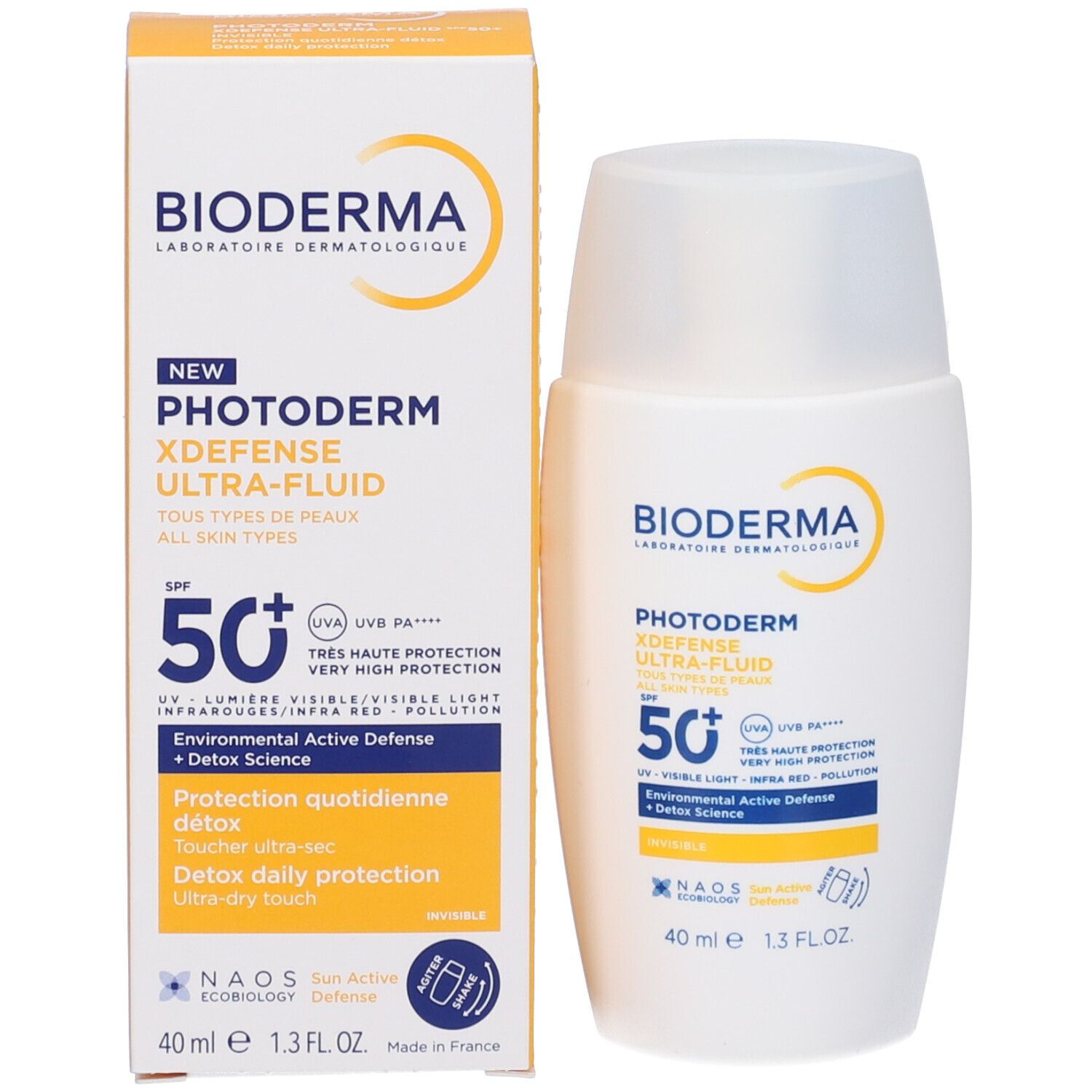 Prodotto e confezione. Flacone bianco e scatola gialla. Scritte: BIODERMA, PHOTODERM XDEFENSE ULTRA-FLUID SPF50+.