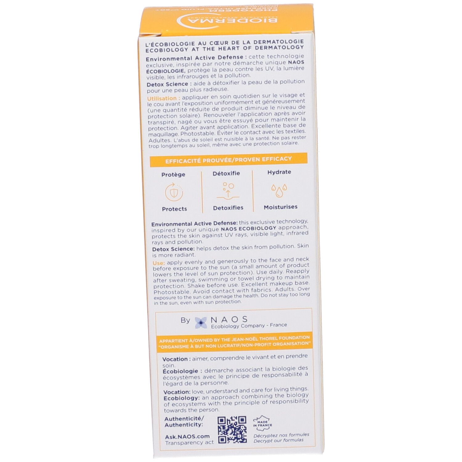 Retro della scatola gialla. Testo multilingue. Logo NAOS. Informazioni sui benefici del prodotto.