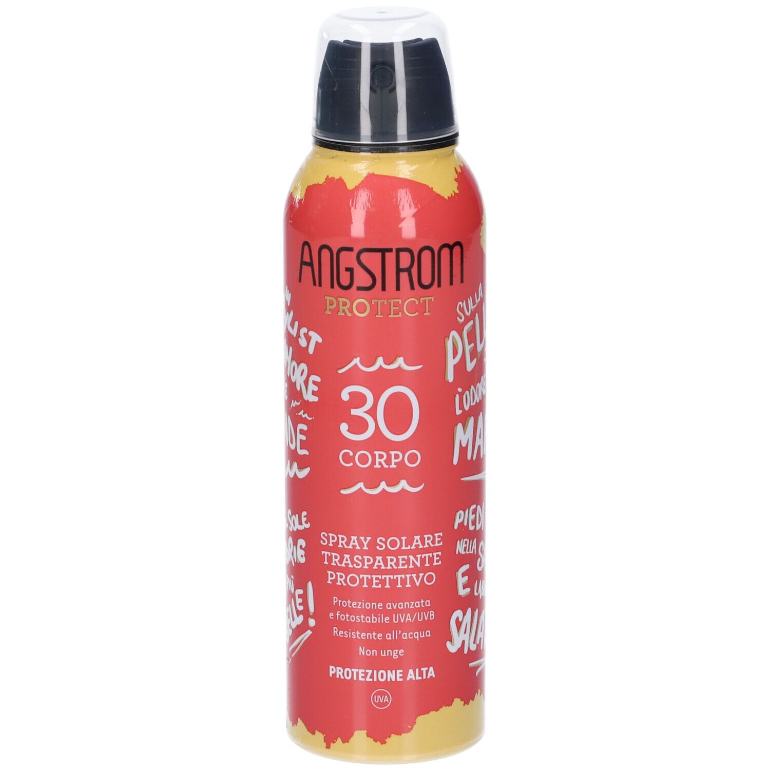 Rote Sprühflasche mit Angstrom Protect SPF30. Enthält Text in Italienisch. Transparenter Sonnenschutz für den Körper.